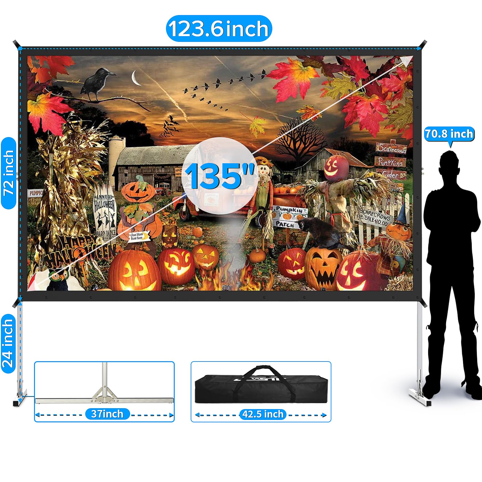 JWSIT 135 Inch Outdoor Projector Screen with Stand - Upgraded 3-Layer PVC 16:9 Portable Movie Screen for Home Theater, Backyard & Camping - Includes Carrying Bag for Easy Transport