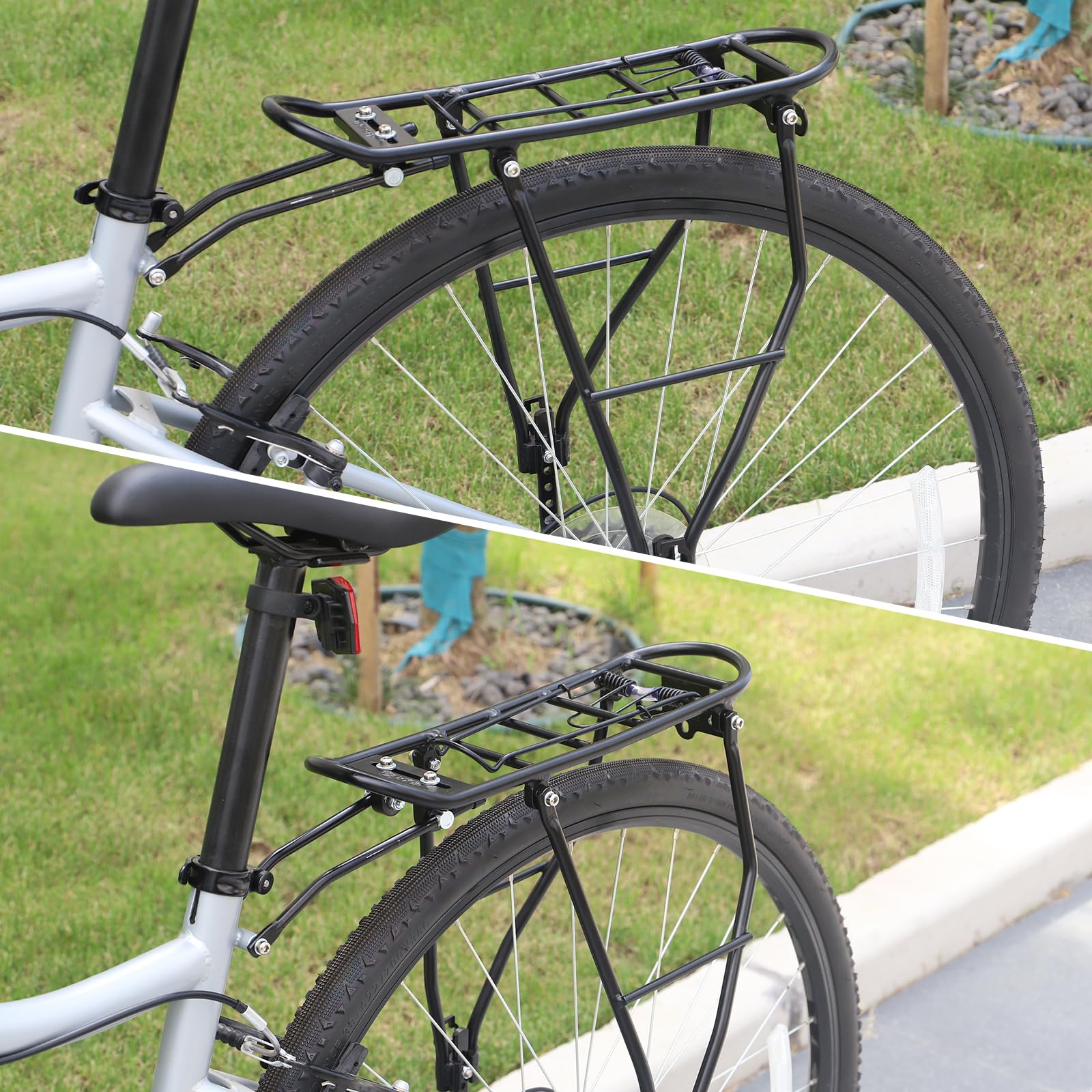 Heavy Duty Bike Rear Rack - 55LB Load Capacity Adjustable Bicycle Cargo Carrier for 24-28 Inch Bikes | Perfect for Commuting, Grocery Shopping & Outdoor Adventures (Black)