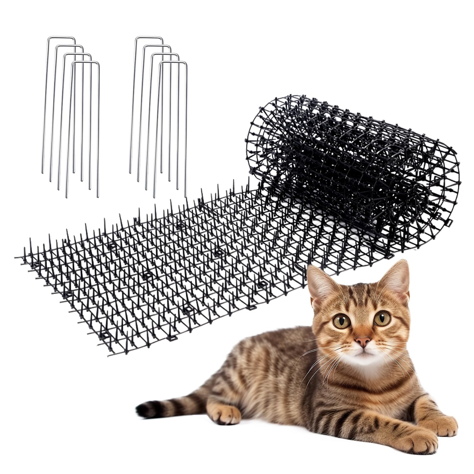 10ft Cat Scat Mat with Spikes for Outdoor Use - Durable Dog Repellent Mat with 8 Garden Staples - Perfect for Gardens, Lawns, and Patios to Keep Pets Away