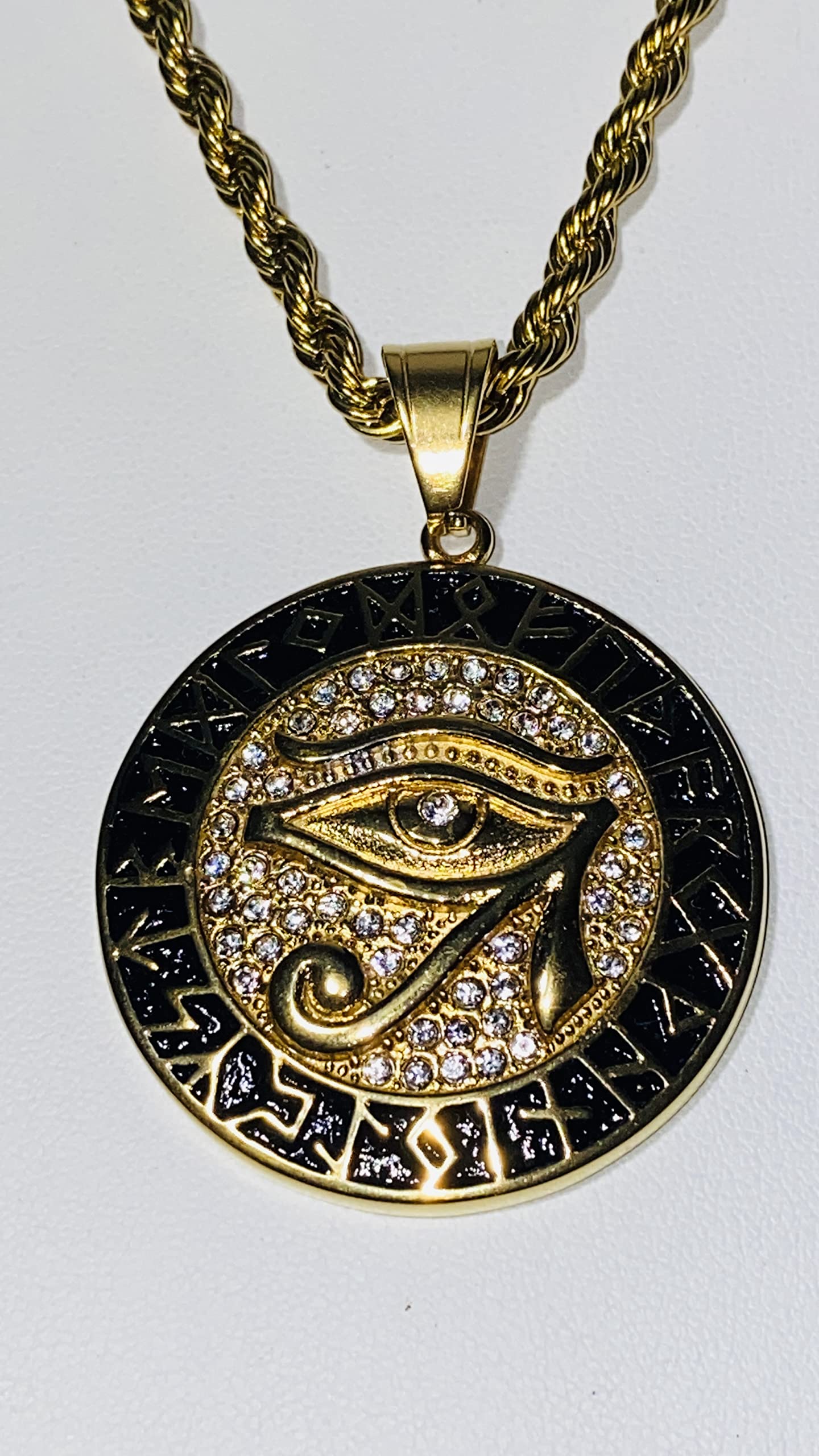 Egyptian Eye of Horus Evil Eye Protection Necklace - 14K Gold Finish Stainless Steel Pendant with 3mm Rope Chain for Men & Women | Spiritual Jewelry, Gift for Protection, Meditation & Fashion Accessory