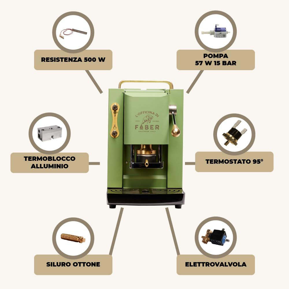 Faber Pro Deluxe Coffee Machine - ESE 44mm Single Serve Espresso Maker with Brass Coating, Adjustable Brass Capsule Press & Standard Solenoid Valve (Neon Green) - Perfect for Home & Office Use