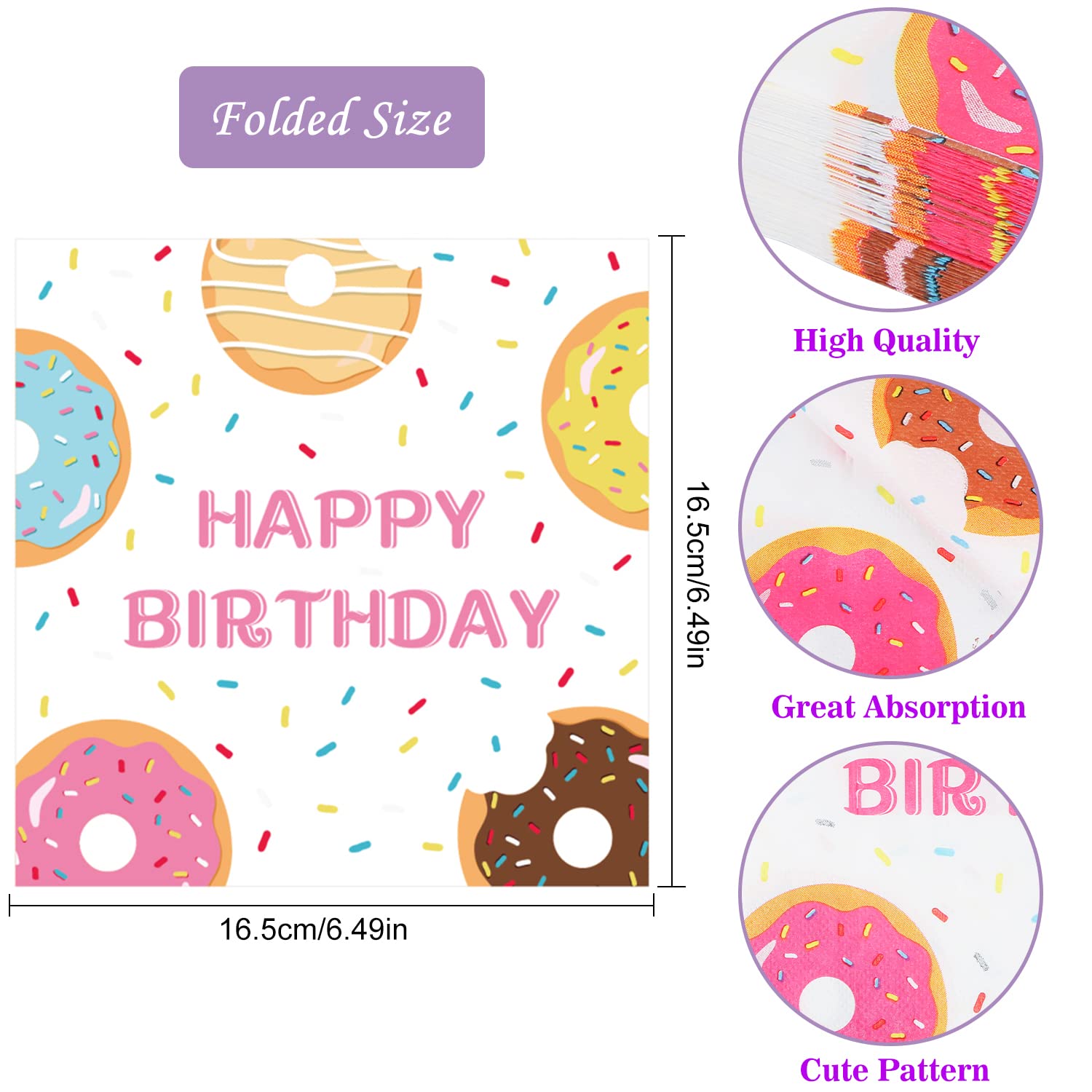 40 Pack Donut Party Napkins - 13x13 Inch Happy Birthday Paper Napkins for Donut Themed Parties, Baby Showers & Birthday Decorations - Cute Donut Tableware for Dessert Tables & Celebration Supplies