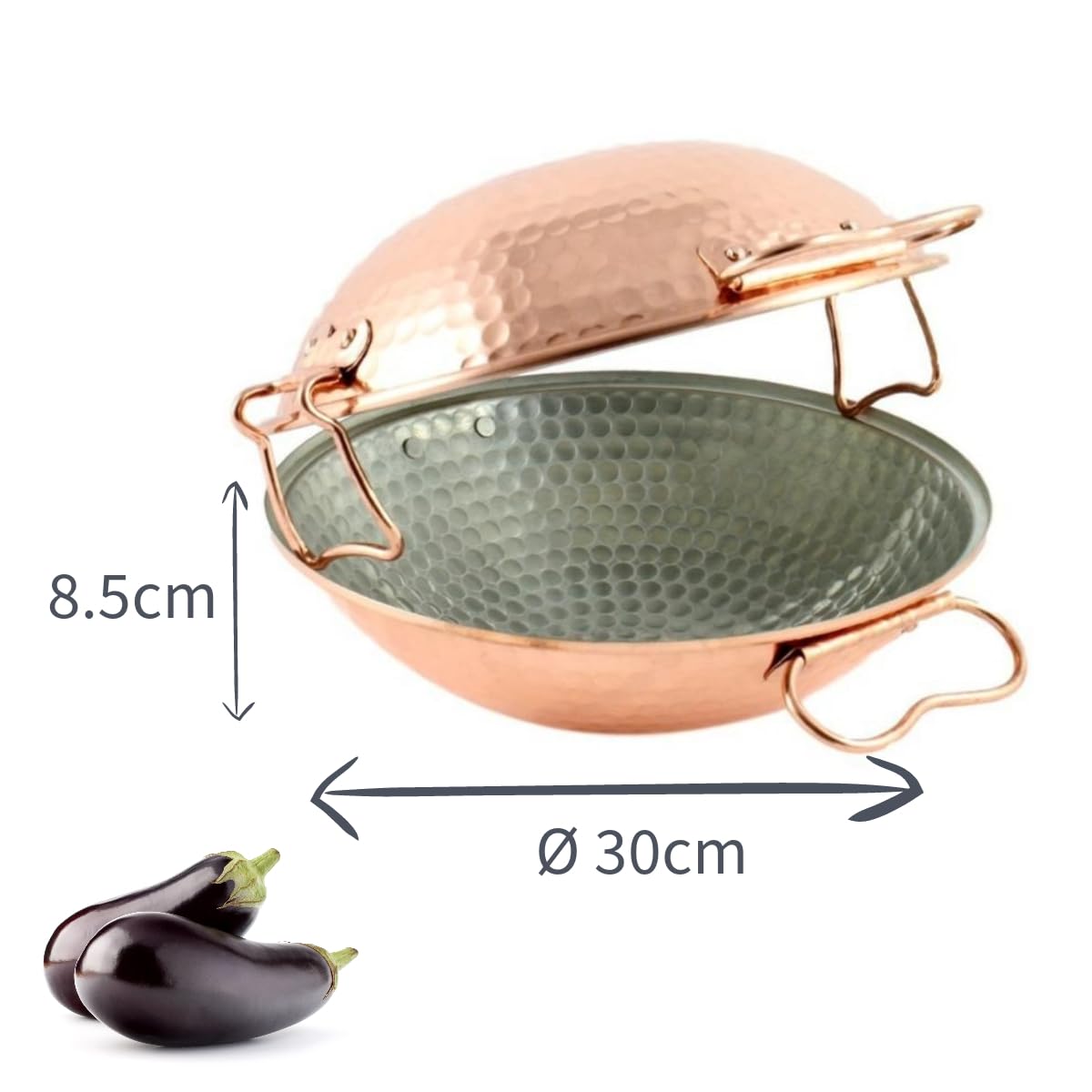 Hammered Copper Cataplana & Stir Fry Wok with Tin Lining - 30cm Diameter, Oven & Stovetop Safe (Except Induction) - Perfect for Seafood Stews, Paella & Asian Stir-Fry Cooking