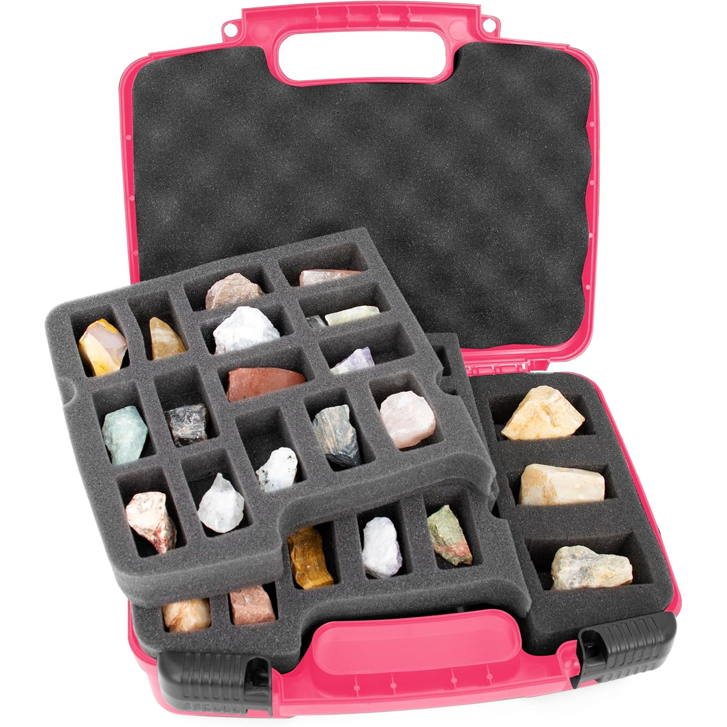 CASEMATIX Rock Collection Travel Case - 30 Slot Rock Storage Box with 2 Pre-Cut Foam Trays, Customizable Foam Sections for Crystal Protection | Perfect for Geology Field Trips, Mineral Collecting & Travel Organization
