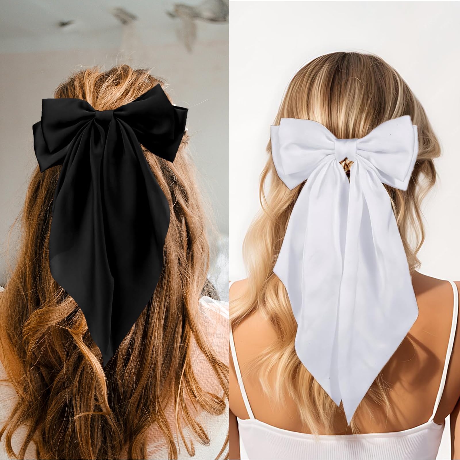 3PCS Large Satin Hair Bows for Women - Oversized Bow Hair Clips with Long Tail, Silky Hair Barrettes & Claw Clips - Elegant Hair Accessories for Parties, Weddings & Daily Styling