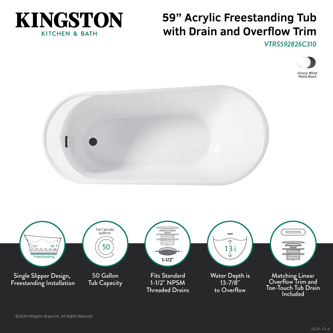 Aqua Eden 59 Inch Acrylic Oval Freestanding Bathtub - Glossy White/Matte Black Slipper Tub with Drain | Modern Bathroom Luxury for Spa-Like Relaxation at Home