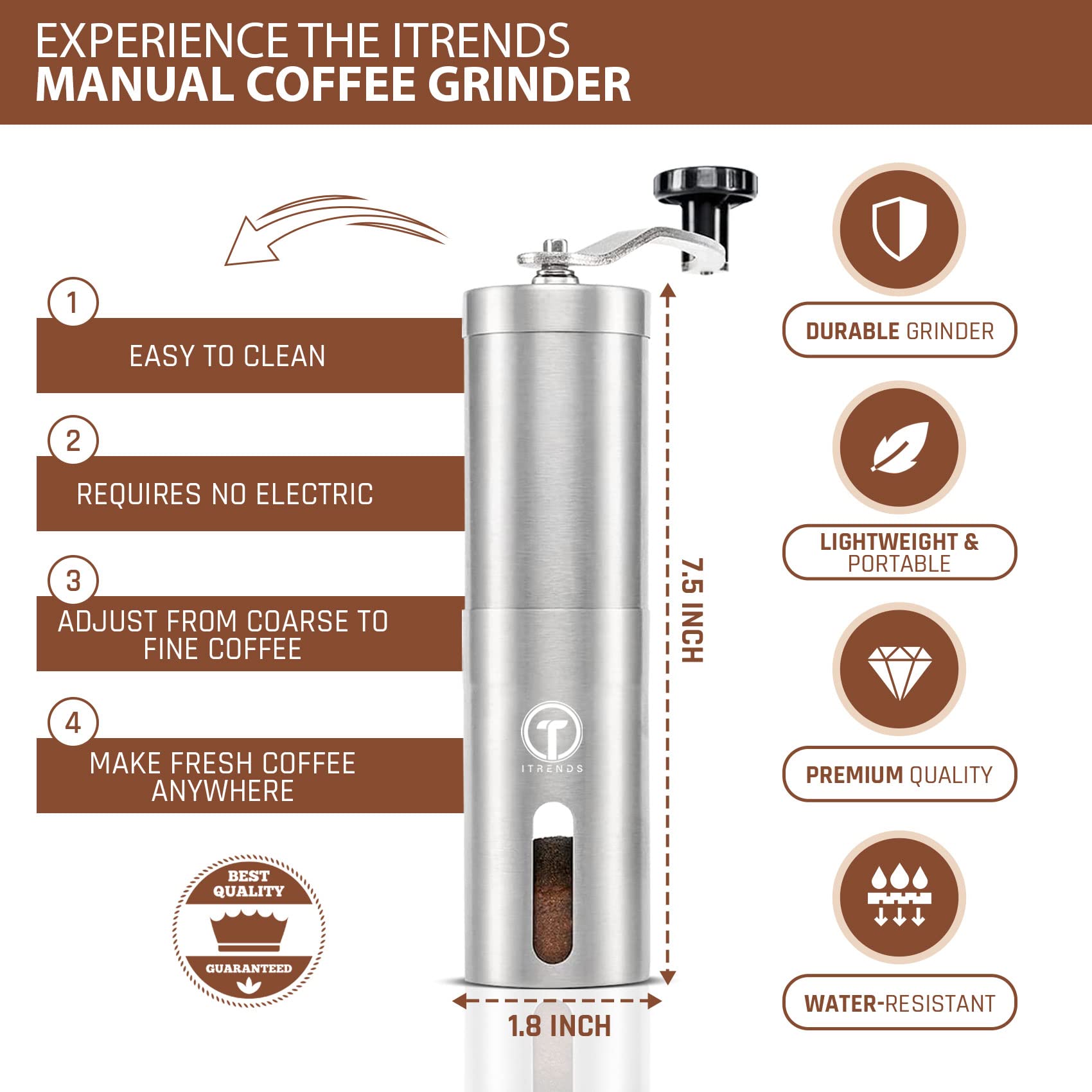iTrends Stainless Steel Manual Coffee Grinder - Adjustable Burr Mill for Espresso, French Press & Cold Brew | Portable Hand Crank Coffee Bean Grinder with Ceramic Conical Burrs | Perfect Gift for Coffee Lovers | Home, Office & Camping Use