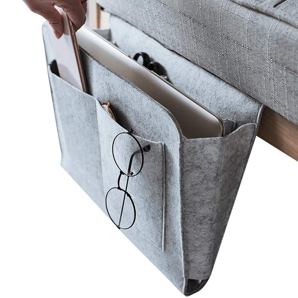 Bedside Storage Organizer - Hanging Caddy Pouch for Sofa, Desk & Cabinet | Holds iPad, Tablet, Magazines & Remote Control | Light Gray Felt Organizer | Perfect for Bedroom, Living Room & Office Use