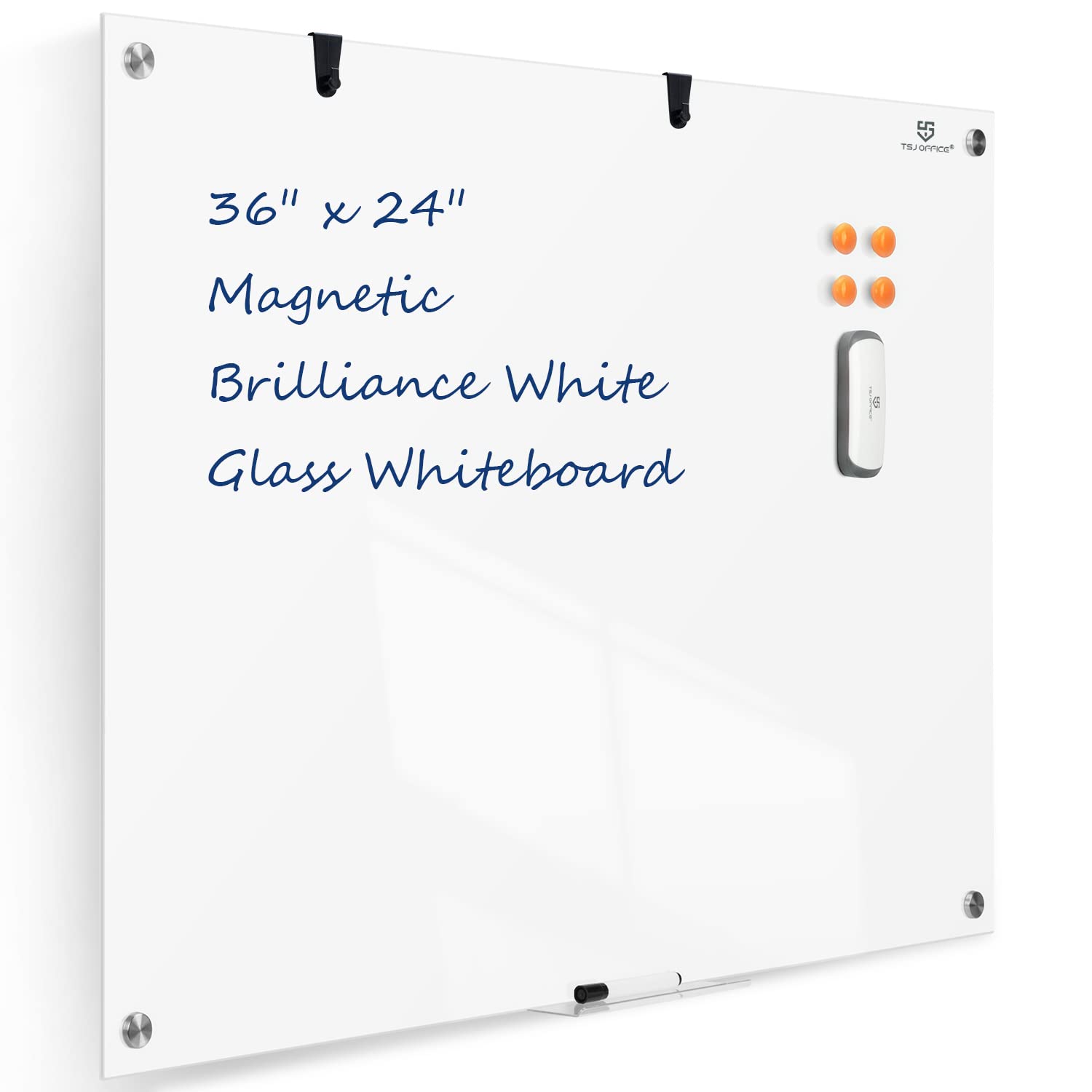 TSJ OFFICE 36 x 24 Inches Magnetic Glass Whiteboard - Frameless Dry Erase Board for Wall Mount, Premium Presentation White Board for School Classroom, Home Office & Conference Room - Ideal for Meetings, Teaching & Creative Brainstorming