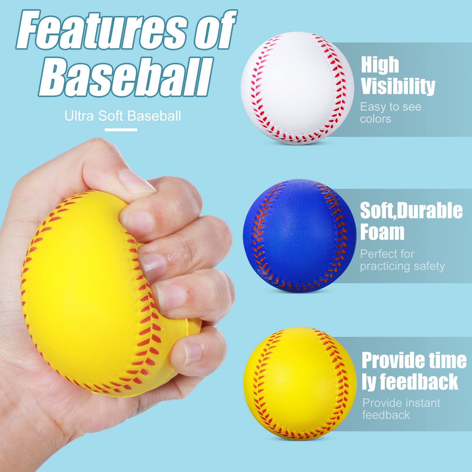 Zhanmai 12 Pack Soft Foam Baseballs for Kids & Teens - Safe Training Baseballs for Practice, Pitching & Batting (Blue, White, Yellow) - Perfect for Backyard Games, Baseball Drills & Youth League Training