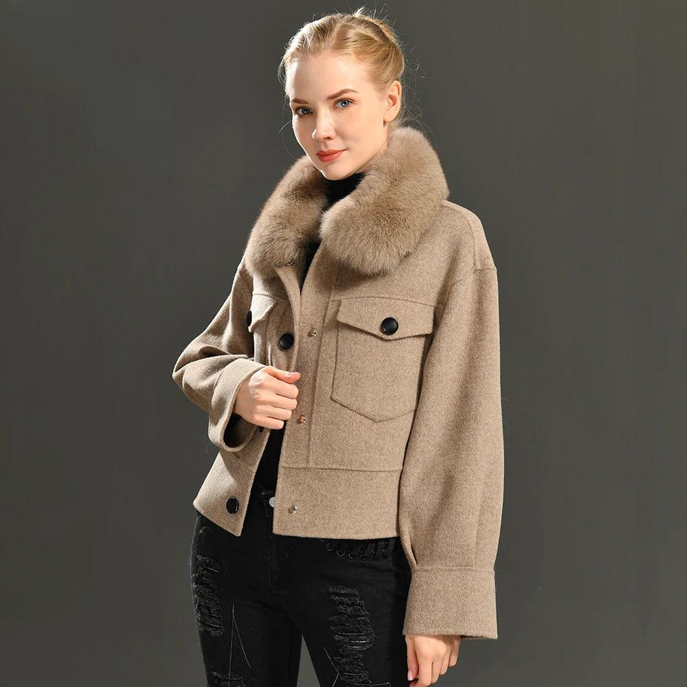 Luxury Women's Cashmere Wool Coat with Real Fur Collar - Winter Cropped Jacket, Full Sleeves & Pockets - Streetwear Outerwear for Cold Weather & Fashion Outings