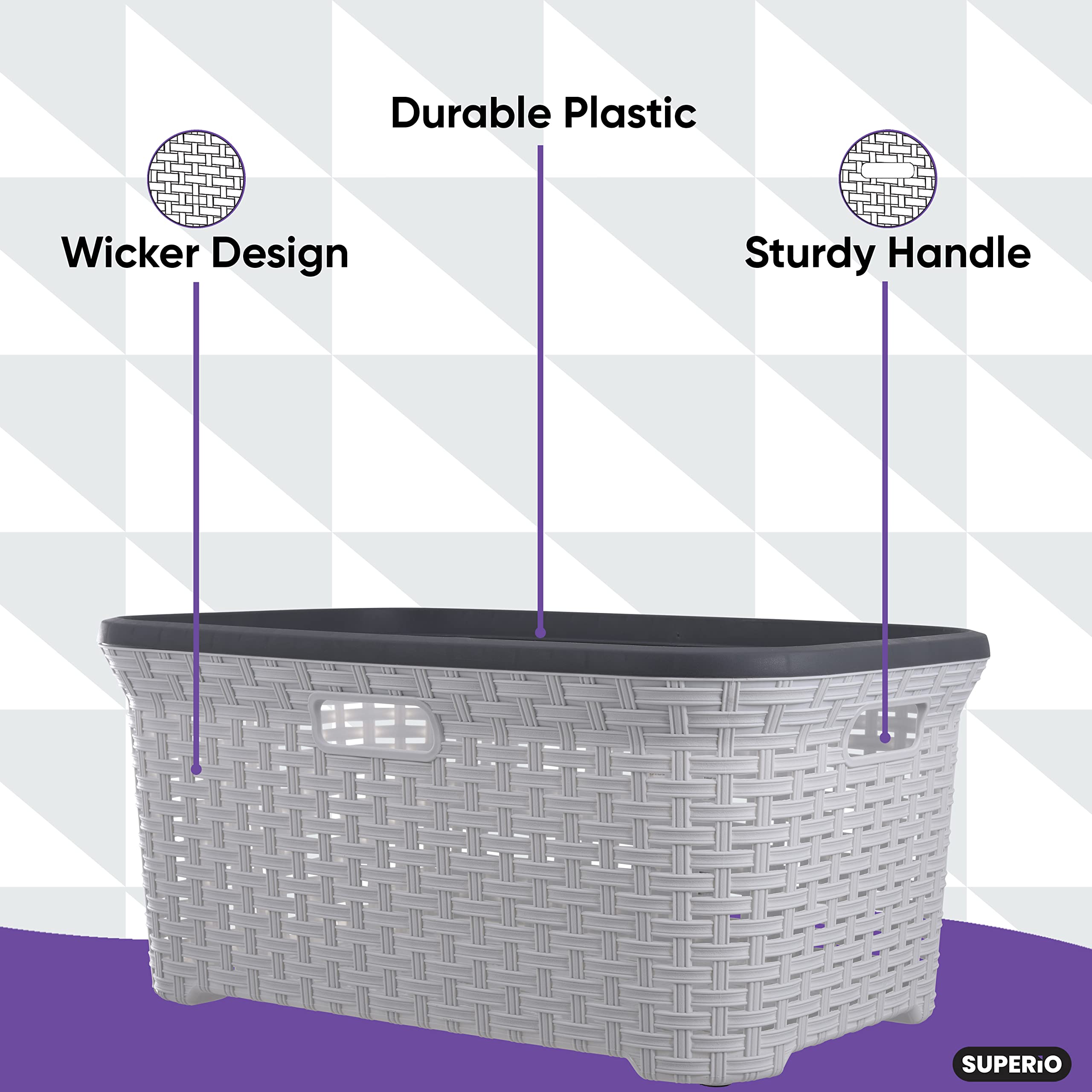 Plastic Laundry Basket with Cut-Out Handles - 50L White Wicker Design Storage Hamper for Clothes Organization | Space-Saving for Laundry Room, Bedroom & Bathroom | Perfect for Home, Dorm, and Apartment Use