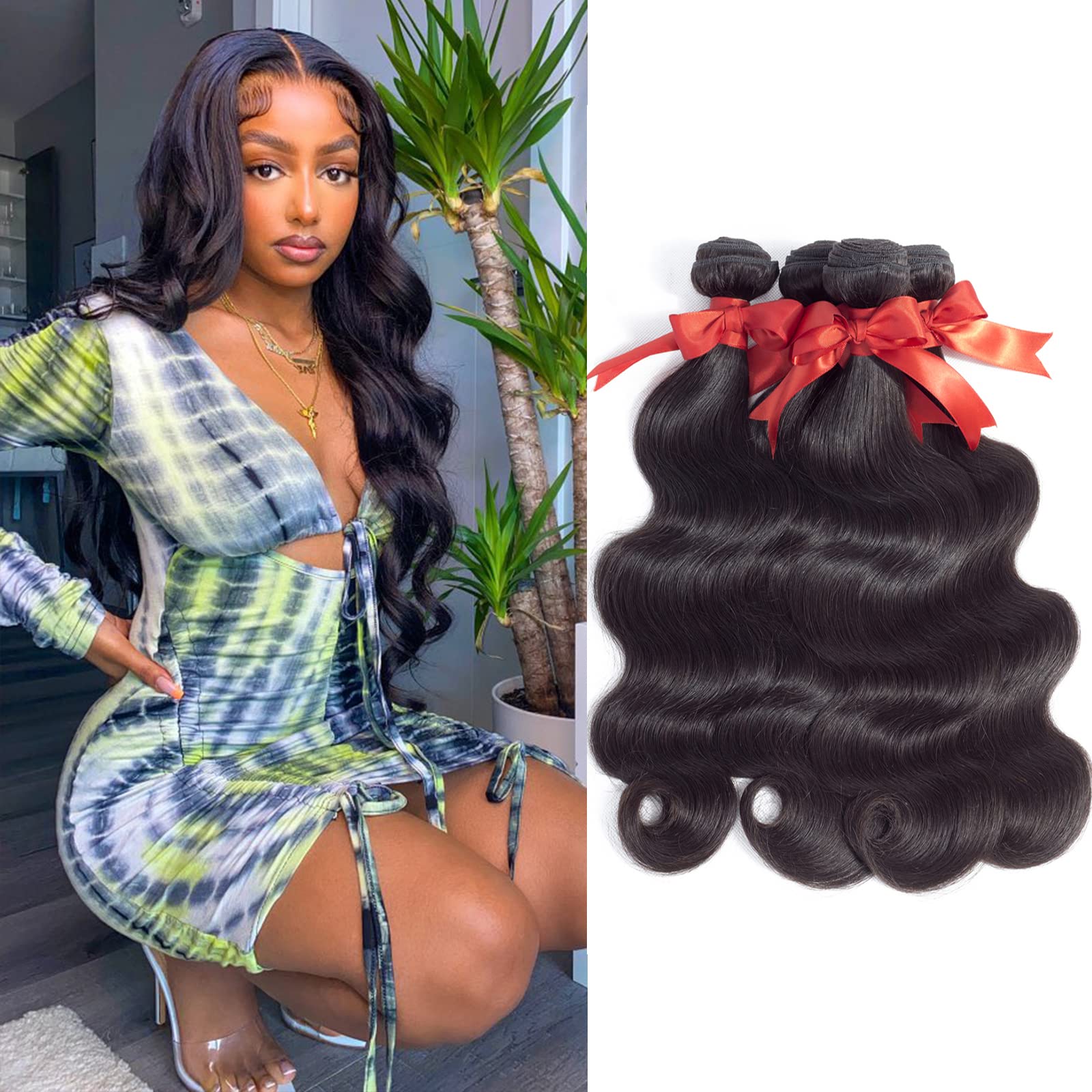 100% Unprocessed Brazilian Body Wave Human Hair Bundles - 4 Bundles Virgin Human Hair Extensions in Natural Black (22, 24, 26, 28 Inches) | Perfect for Styling, Volume Boost & Everyday Wear