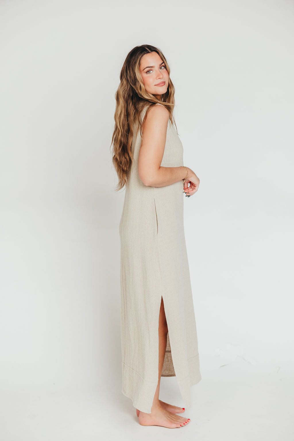 How Sweet It Is Sleeveless Linen Blend Maxi Dress in Sand - Bump Friendly Maternity Wear for Summer Beach Vacations & Casual Outings