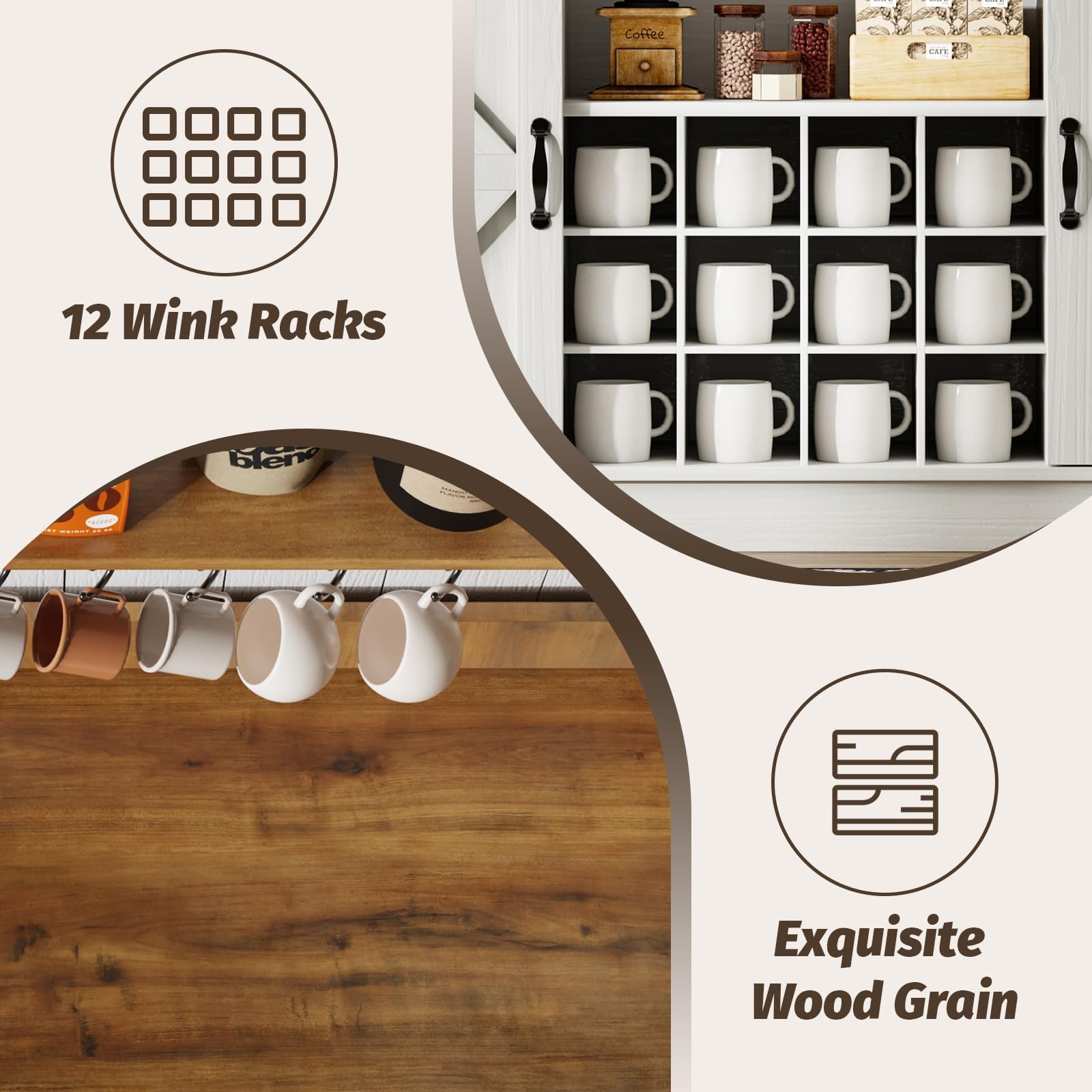 Farmhouse Coffee Bar Cabinet with 8 Hooks & Storage Hutch - 55 Inch Rustic Wine Cabinet with Sliding Barn Doors & 12 Racks - Perfect for Living Room, Dining Room & Kitchen Decor