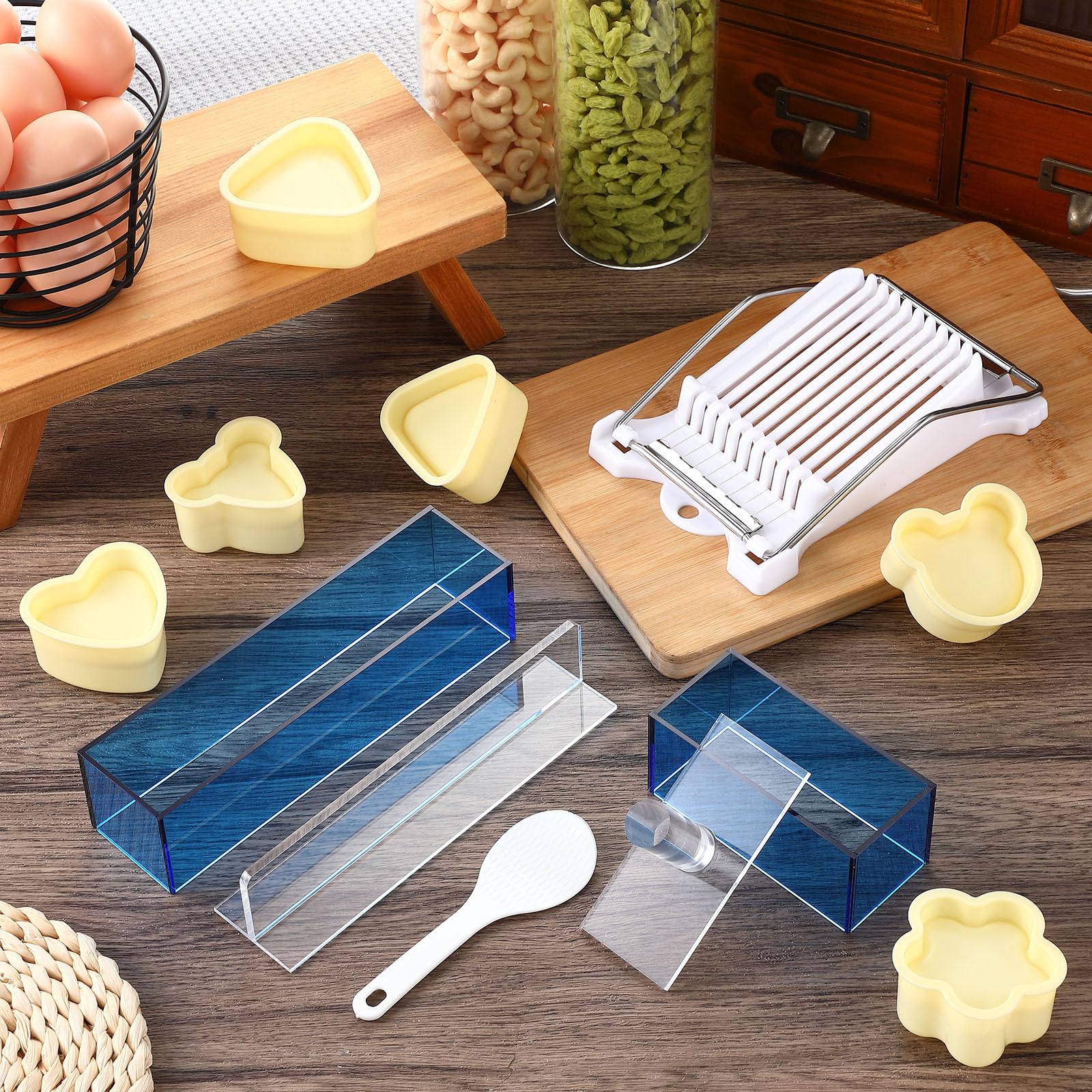 Baderke 10-Piece Musubi Maker Kit - 2 Blue Acrylic Sushi Press Molds, 1 Luncheon Meat Slicer, Stainless Steel Wires, 6 Rice Ball Molds, 1 Spoon - Complete DIY Sushi Making Kit for Home, Bento Box, Picnic & Party Food Prep