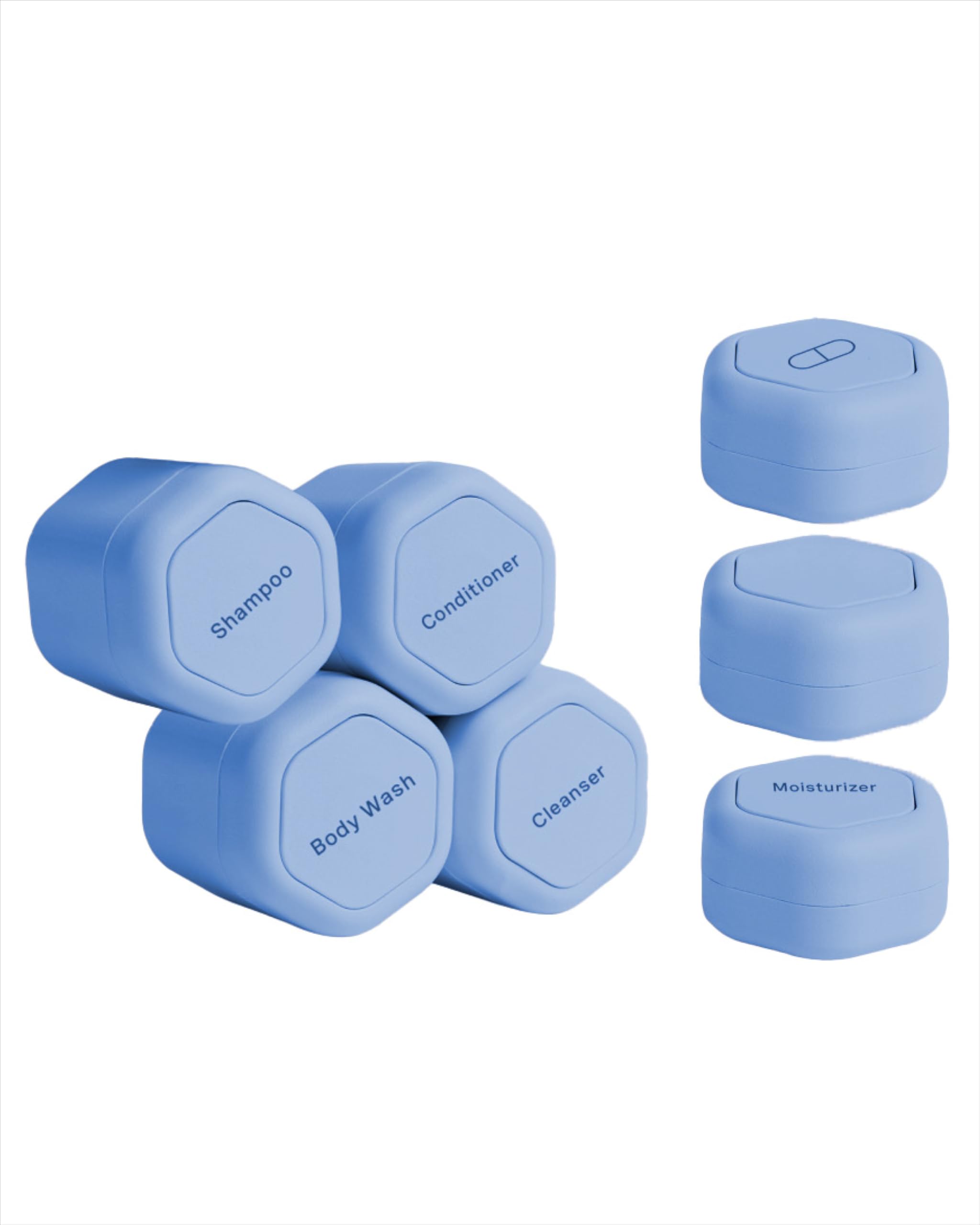 Cadence Magnetic Travel Containers Set - 4 Medium (1.32oz) & 3 Small (0.56oz) Leak-Proof Capsules for Shampoo, Conditioner, Body Wash, Pills & Toiletries - Perfect for Air Travel, Gym Bag & Daily Routine Organization - Pacific Blue