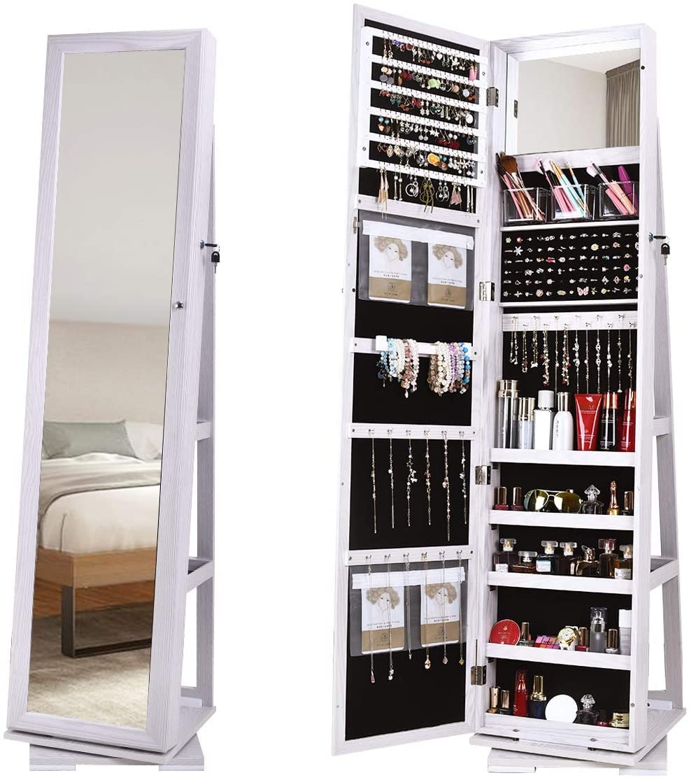 Lockable Wooden Jewelry Armoire with Full-Length Mirror & 360° Rotating Organizer - Standing Jewelry Cabinet with Storage Shelf, White (BHUS-QH-7021C) - Perfect for Bedroom, Closet & Dressing Room Organization