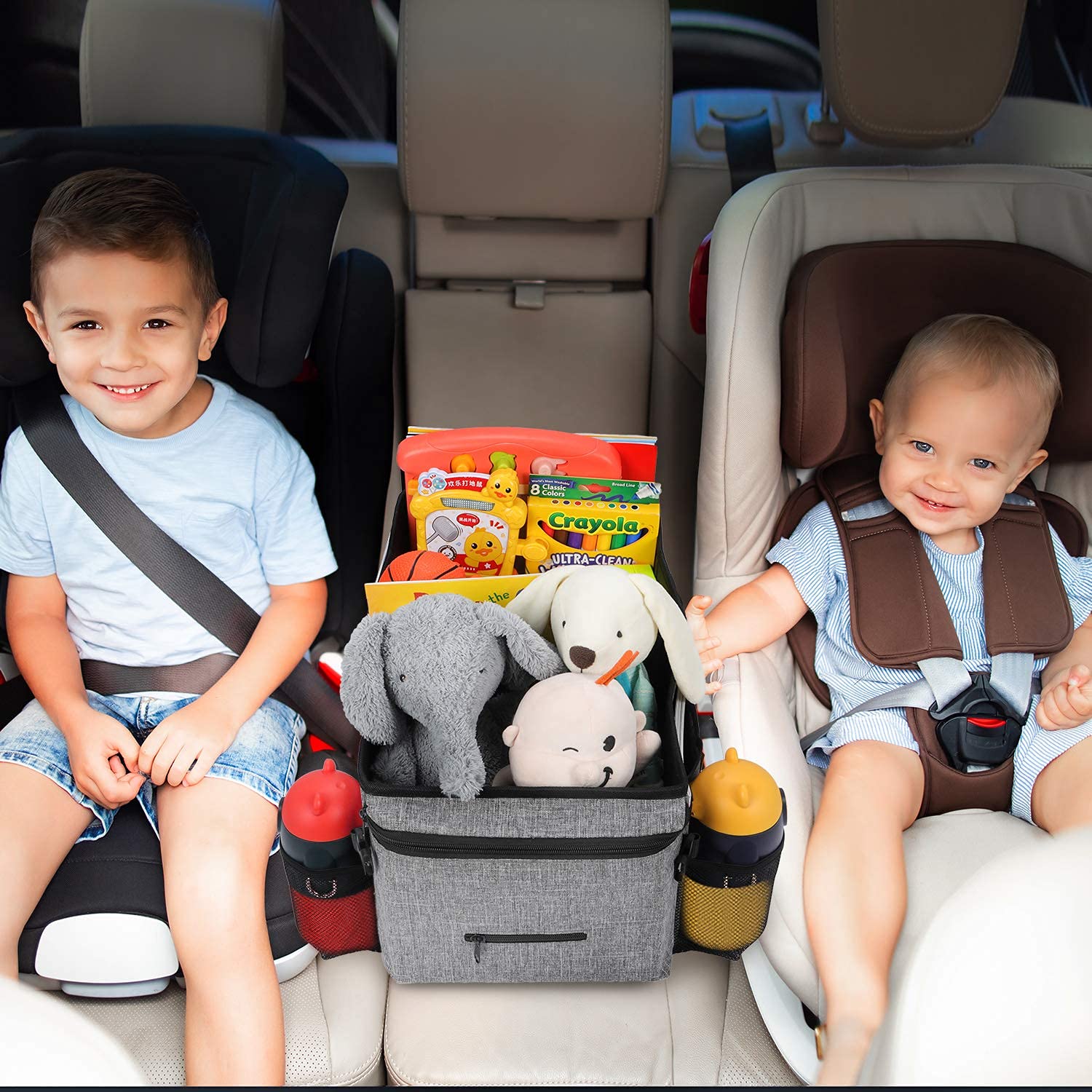 Car Seat Organizer for Front & Back Seats - Multi-Pocket Kids Car Storage with Cup Holders & Adjustable Dividers (Gray) - Perfect for Road Trips, Family Travel & Keeping Your Vehicle Organized