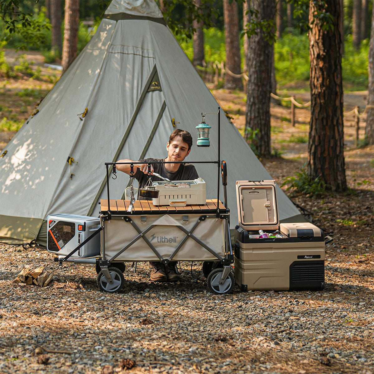 Litheli Electric Foldable Utility Camping Wagon with Built-in Power Bank - Portable Outdoor Cart for Beach, Picnic, Grocery Shopping & Tailgating (Tool Only)