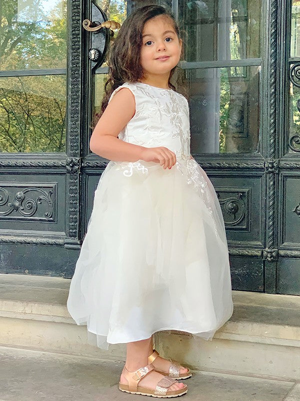 Affordable White Lace Tulle Flower Girl Dress with Jewel Details - Perfect for Weddings, Baptisms & Special Occasions