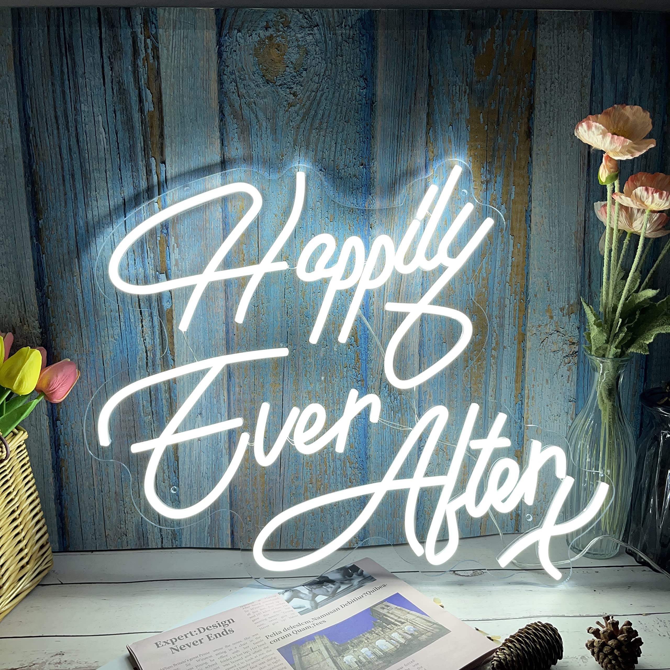Custom Happily Ever After LED Neon Sign with Dimmer - 21.3x17.3 Inch Large Wall Decor for Bedroom, Bar, Wedding Party | Personalized 3D Neon Light Gift for Lover & Friends | Cold White Lighting for Romantic & Party Scenes