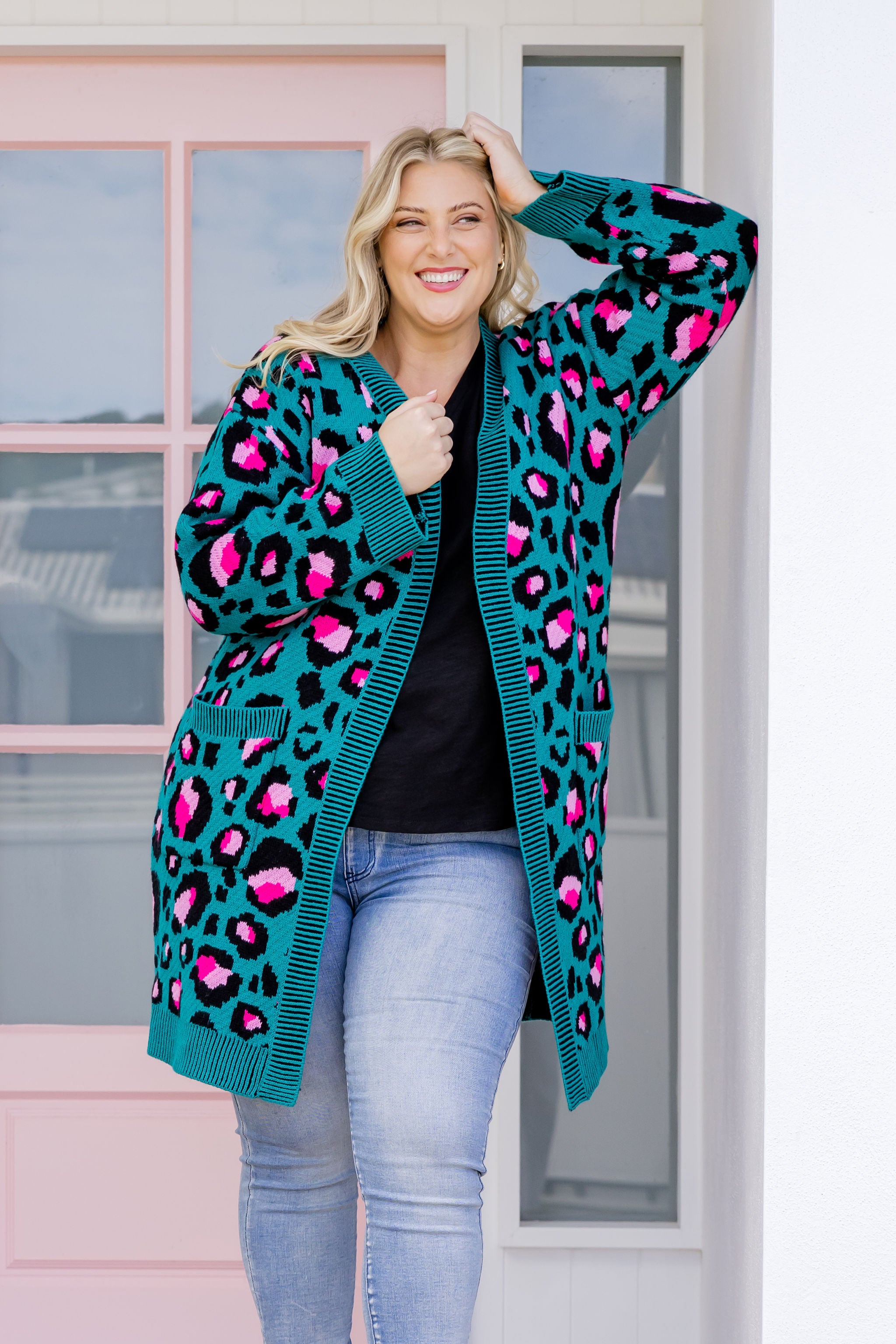 Kasey Rainbow Darcy Cardi - Stylish Green Leopard Print Women's Cardigan for Casual Wear & Office Outfits