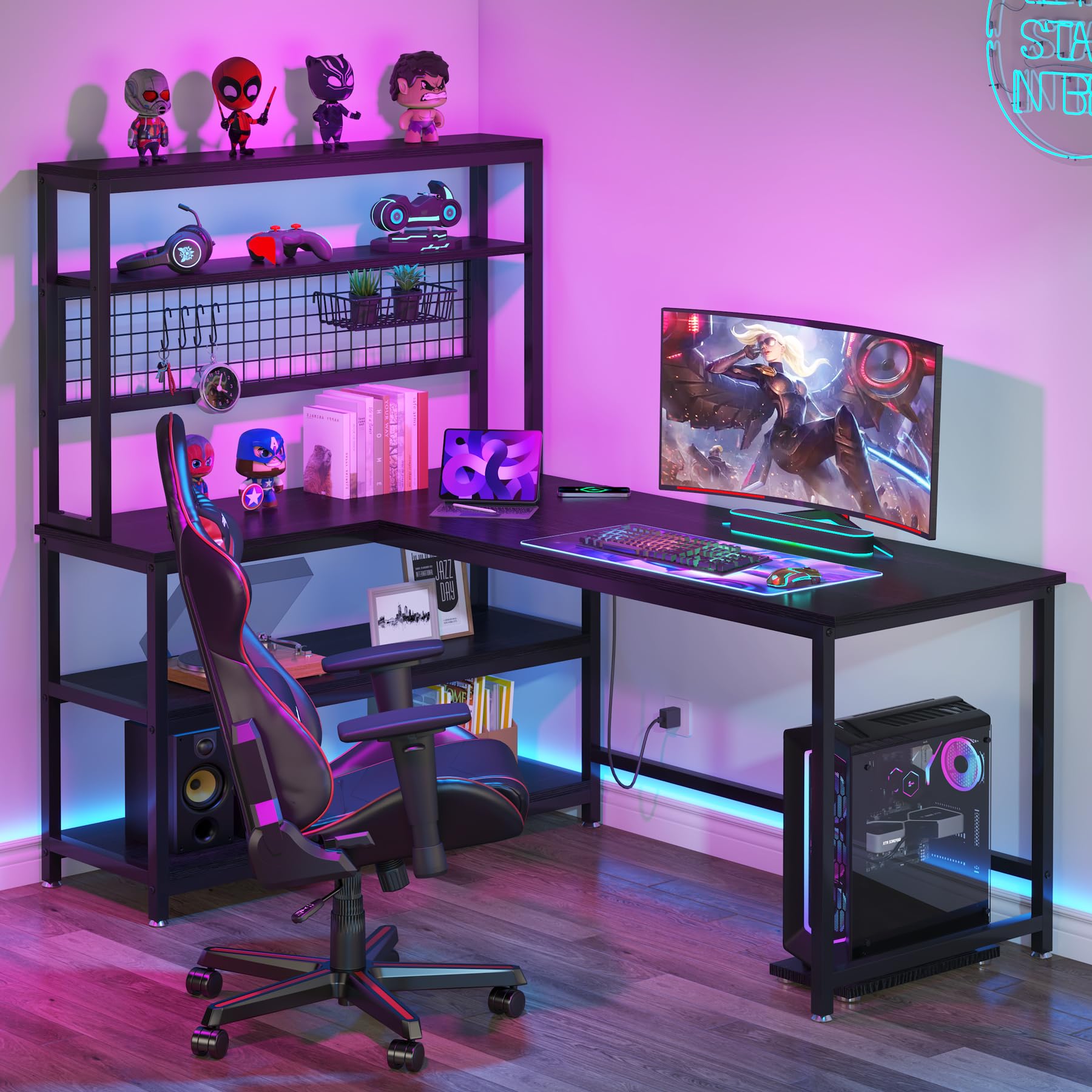Tribesigns 55 Inch Large Computer Desk with Wireless Charging & 5 Storage Shelves - Home Office Desk, Study Table, Writing Desk Workstation with Hutch Bookshelf (All Black) - Perfect for Remote Work, Gaming & Small Space Home Offices