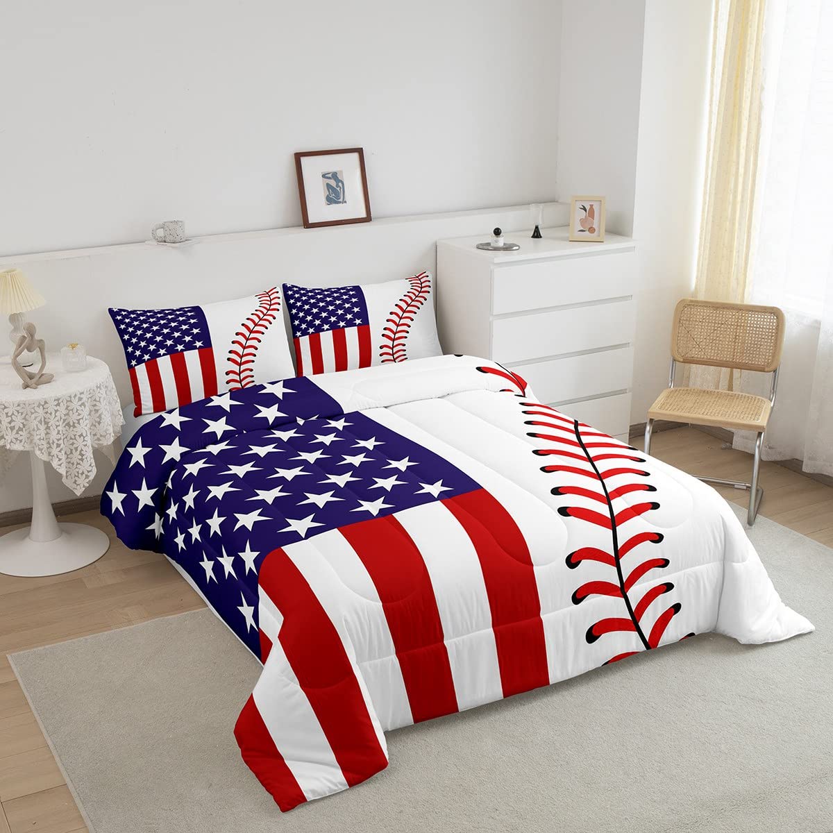 American Flag Comforter Set Twin - Abstract Baseball Bedding 2pc for Kids, Teens & Adults | Sports Themed Quilt with Pillowcase | Red & White Duvet Cover | Perfect for Boys Room, Game Day Decor & Patriotic Bedroom Style