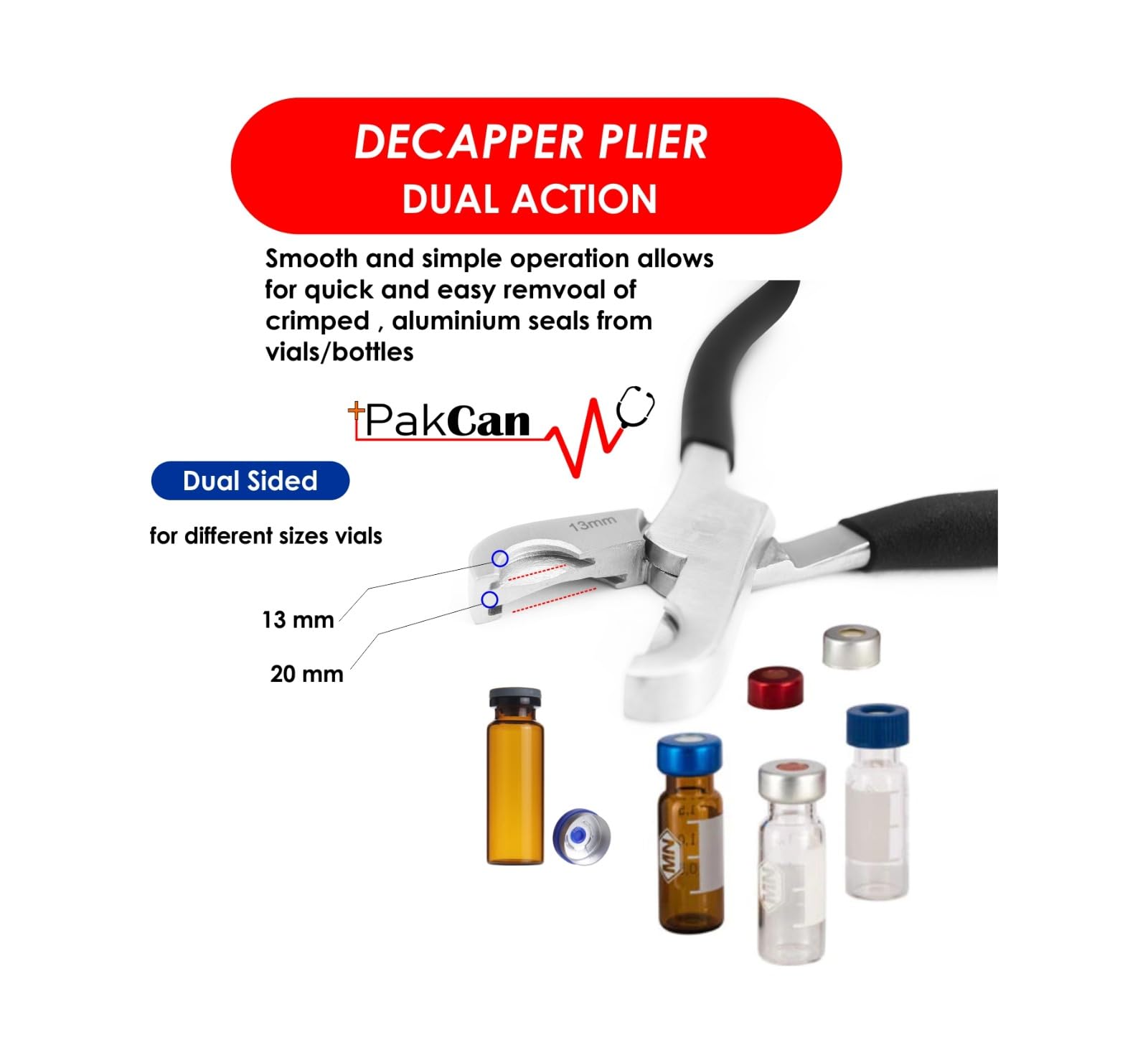 Dual Action Vial Decapper for 11mm & 20mm Crimped Vials & Bottles - Easy Open & Reseal for Lab, Pharmacy & Home Use