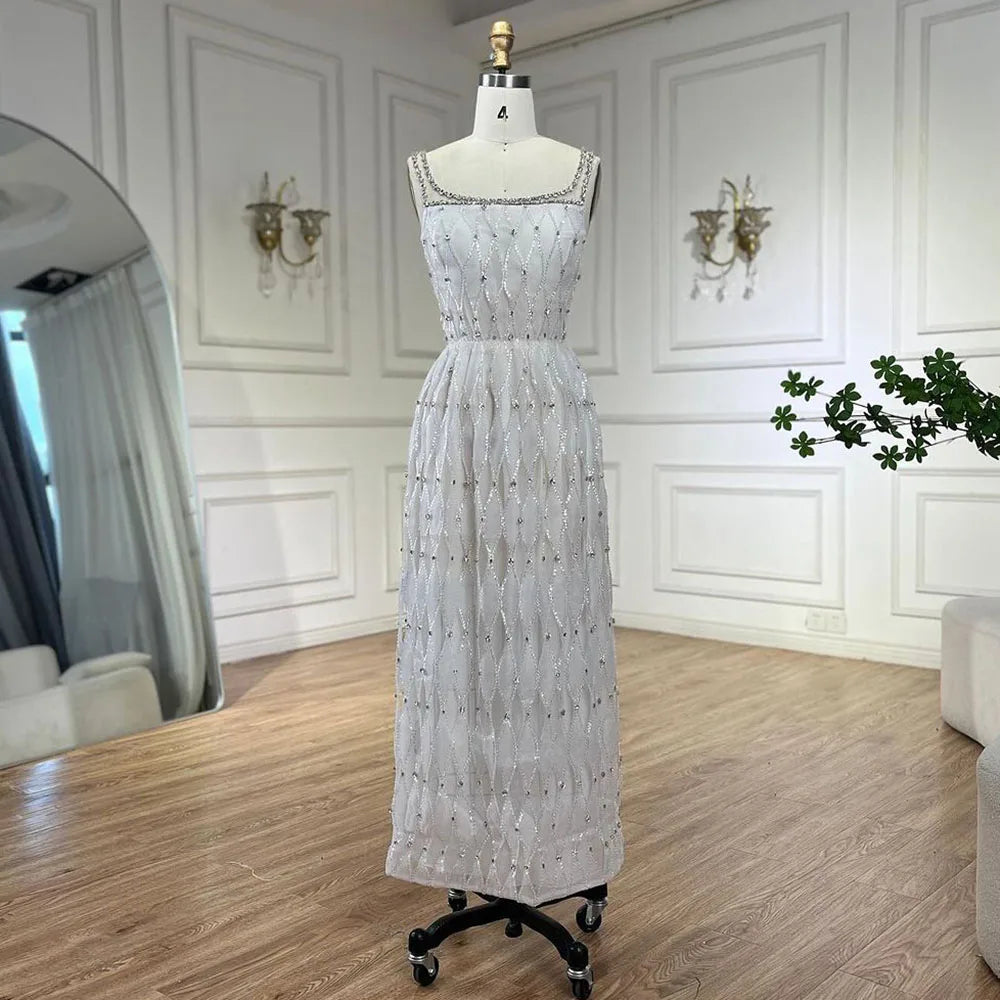 Luxury Crystal Dubai White Evening Dress for Women - Square Neckline Midi Formal Gown for Wedding, Prom, Party | Elegant & Comfortable for Special Occasions