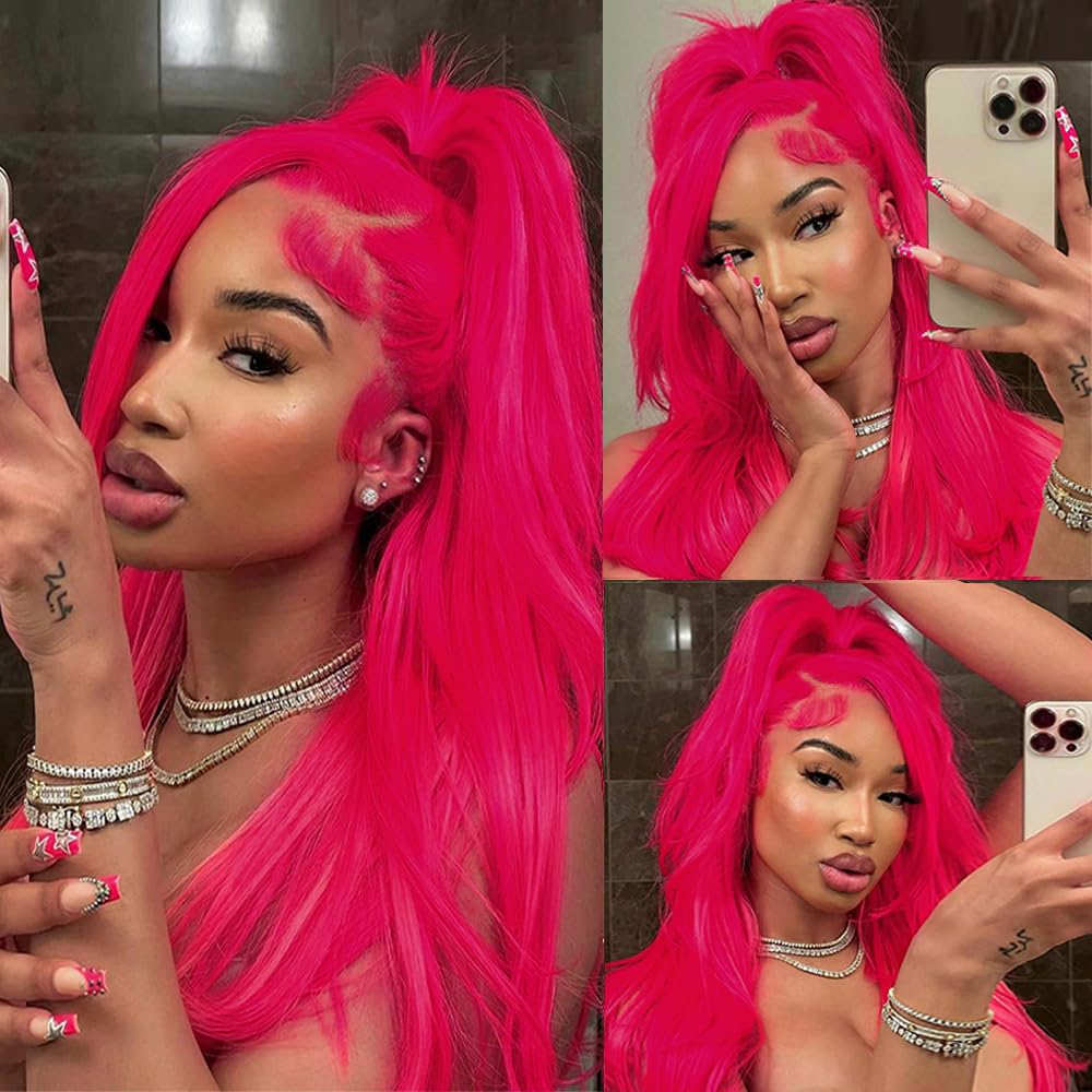 Hot Pink Body Wave Lace Front Wig 24inch - 13x4 HD Transparent Lace Frontal Human Hair Wig with Baby Hair, 180% Density Brazilian Remy Hair for Women - Perfect for Cosplay, Parties, and Daily Styling