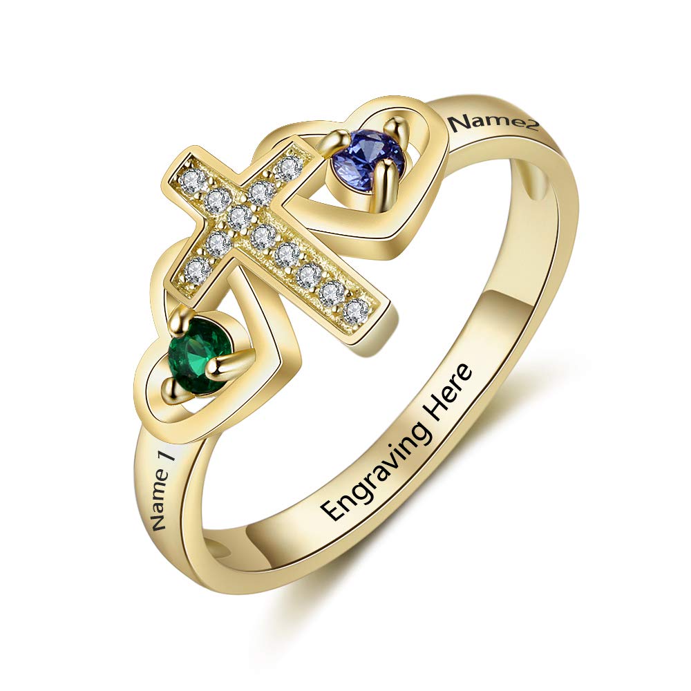 Gemszoo Personalized Promise Rings for Women - Custom Name Mother's Rings with 2 Simulated Birthstones in Sterling Silver | Perfect Gift for Anniversary, Valentine's Day & Mother's Day