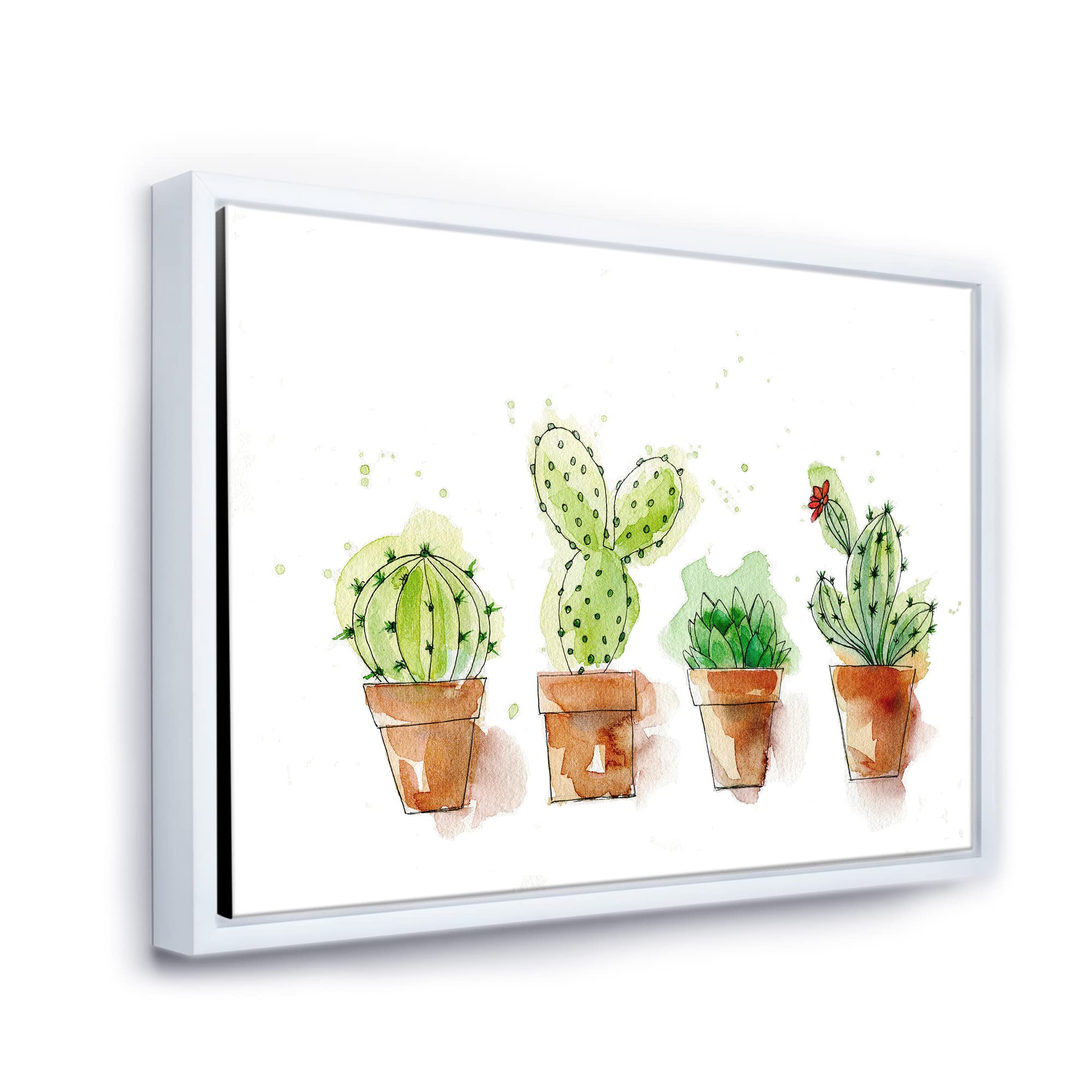 DesignQ Cacti in Ceramic Pots - Soft Tone Traditional Framed Canvas Wall Art Print | Perfect for Boho Home Decor, Living Room & Office Wall Art