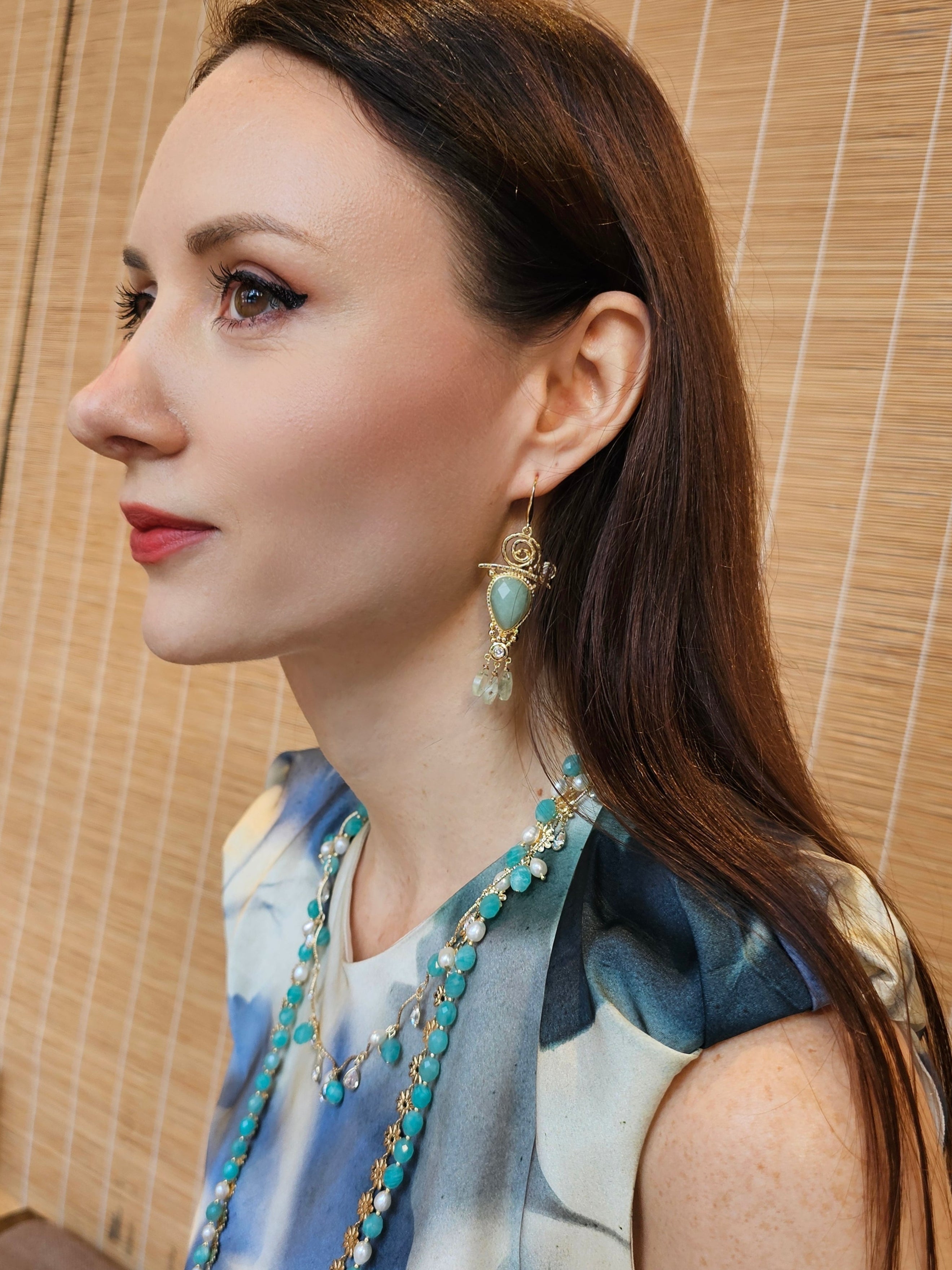 Green Gemstone Chandelier Earrings PE016 - Elegant Dangle Earrings for Women, Perfect for Weddings, Parties & Special Occasions