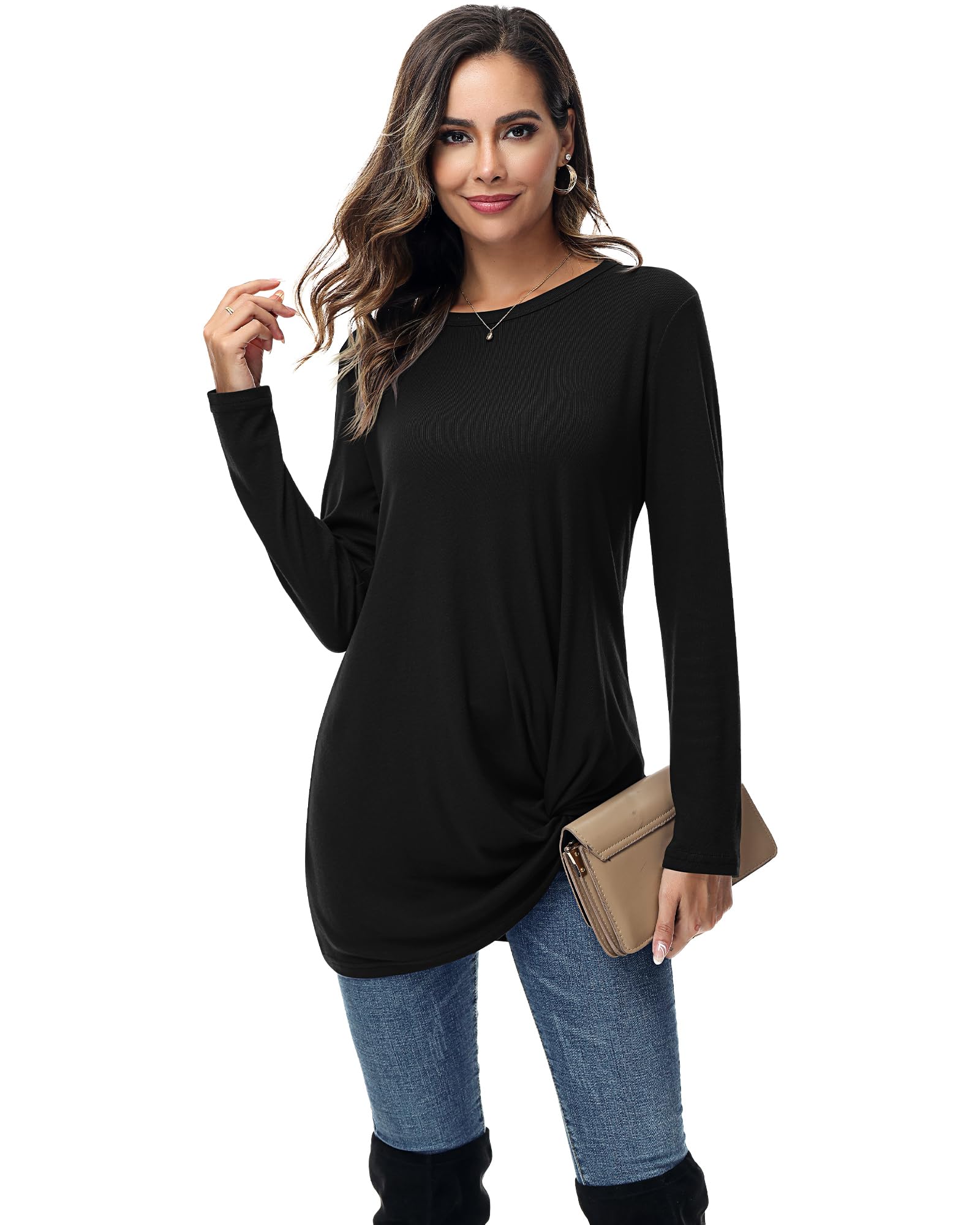 2 Pack Women's Long Sleeve Casual Tops - Twist Knot Tunic Blouses with Loose Fit for Layering, Work & Everyday Wear | Comfortable Tee Shirts for Fall & Winter Fashion