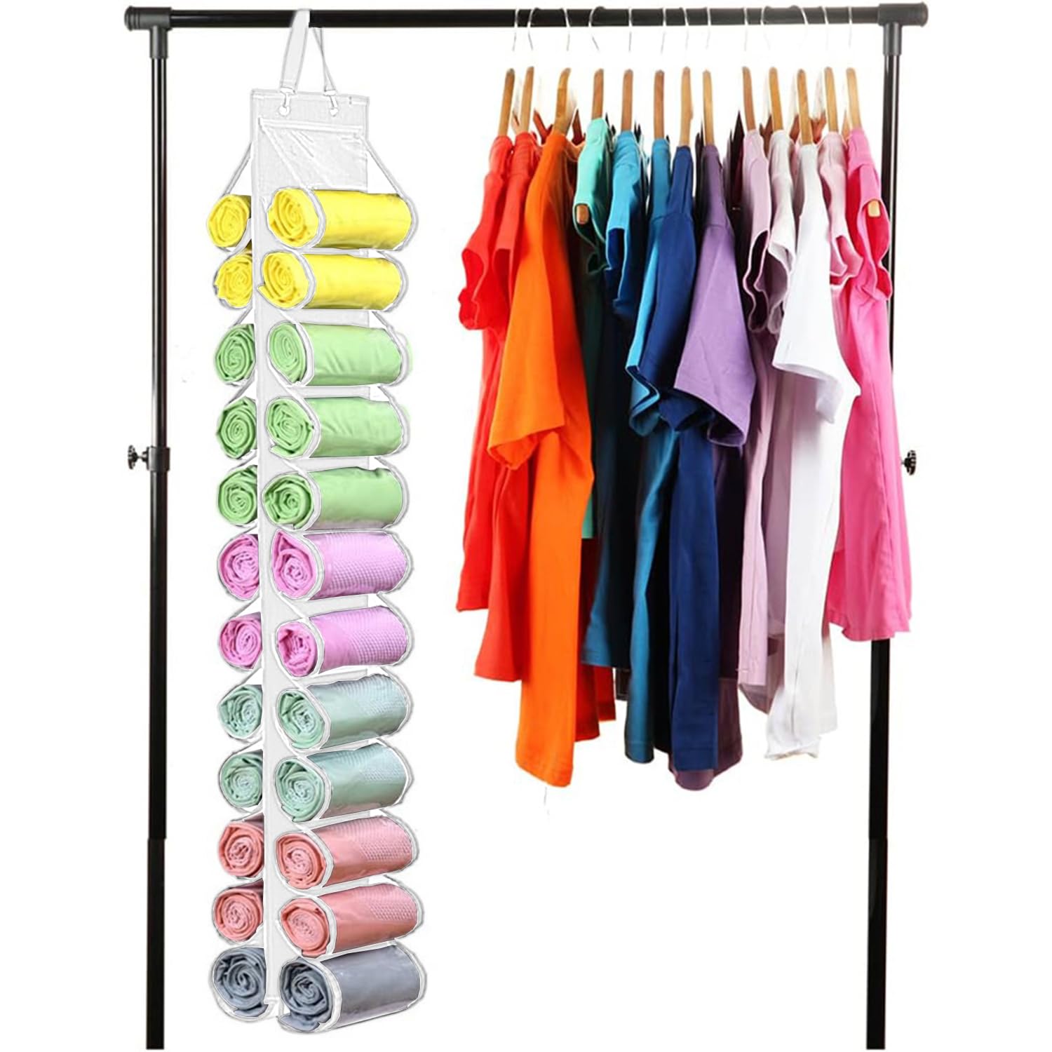 Foldable Legging Storage Bag Hanger - Holds 24 Pairs of Leggings, Shirts & Jeans - Portable Closet Organizer with Roll Holder - Space Saving Clothes Storage for Travel & Home Organization (White)