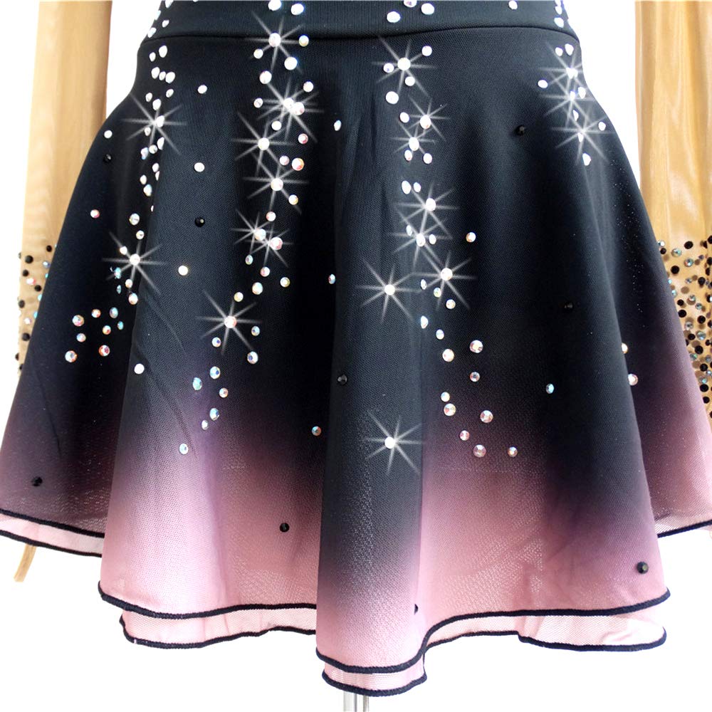 Black Gradient Ice Skating Dress with Beaded Long Sleeves - Elegant Figure Skating & Roller Skating Costume for Competitions, Performances, and Ice Shows