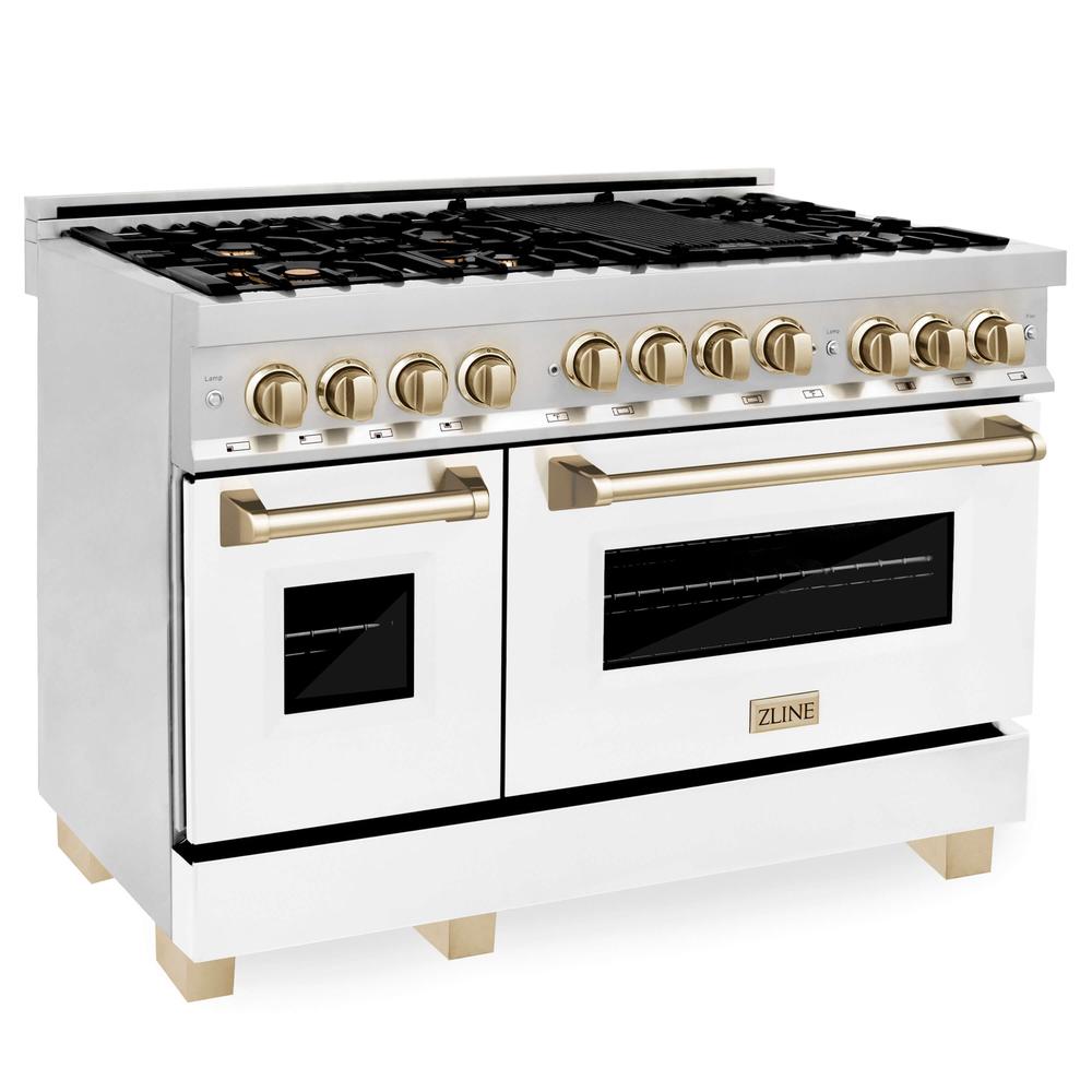 ZLINE Autograph Edition 48-inch Stainless Steel Dual Fuel Range with White Matte Door & Range Hood with Polished Gold Accents - Professional Kitchen Package for Modern Homes | Perfect for Gourmet Cooking & Entertaining