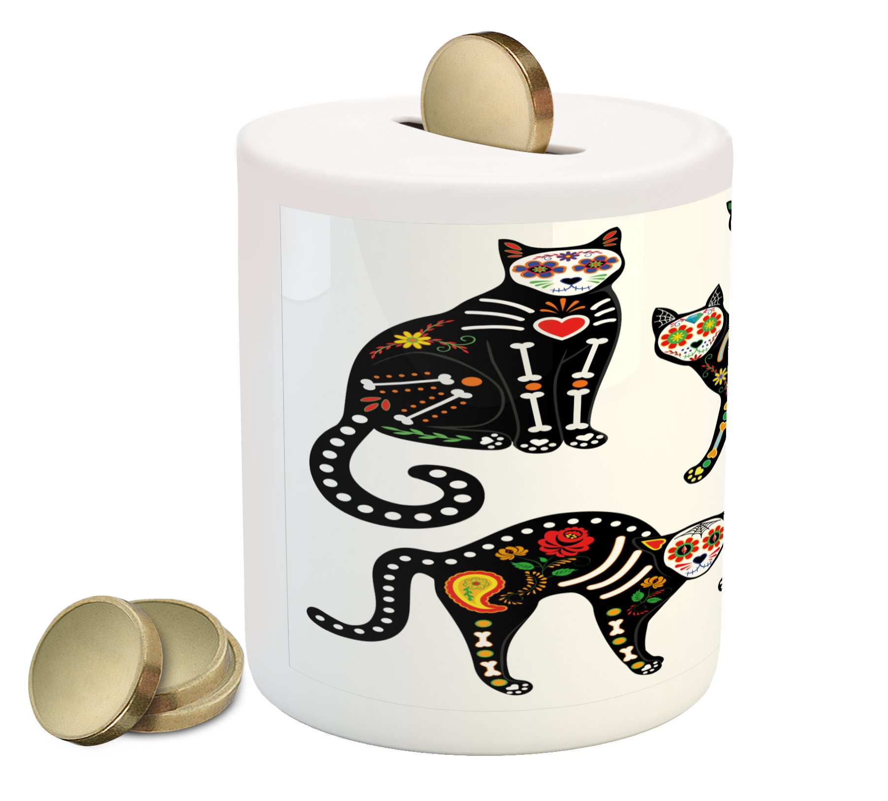 Ambesonne Sugar Skull Ceramic Piggy Bank - Mexican Day of The Dead Calavera Design with Black Cats - Colorful Coin Bank for Cash Savings | Perfect for Halloween Decor, Dia de Muertos Gifts & Home Office Money Saving