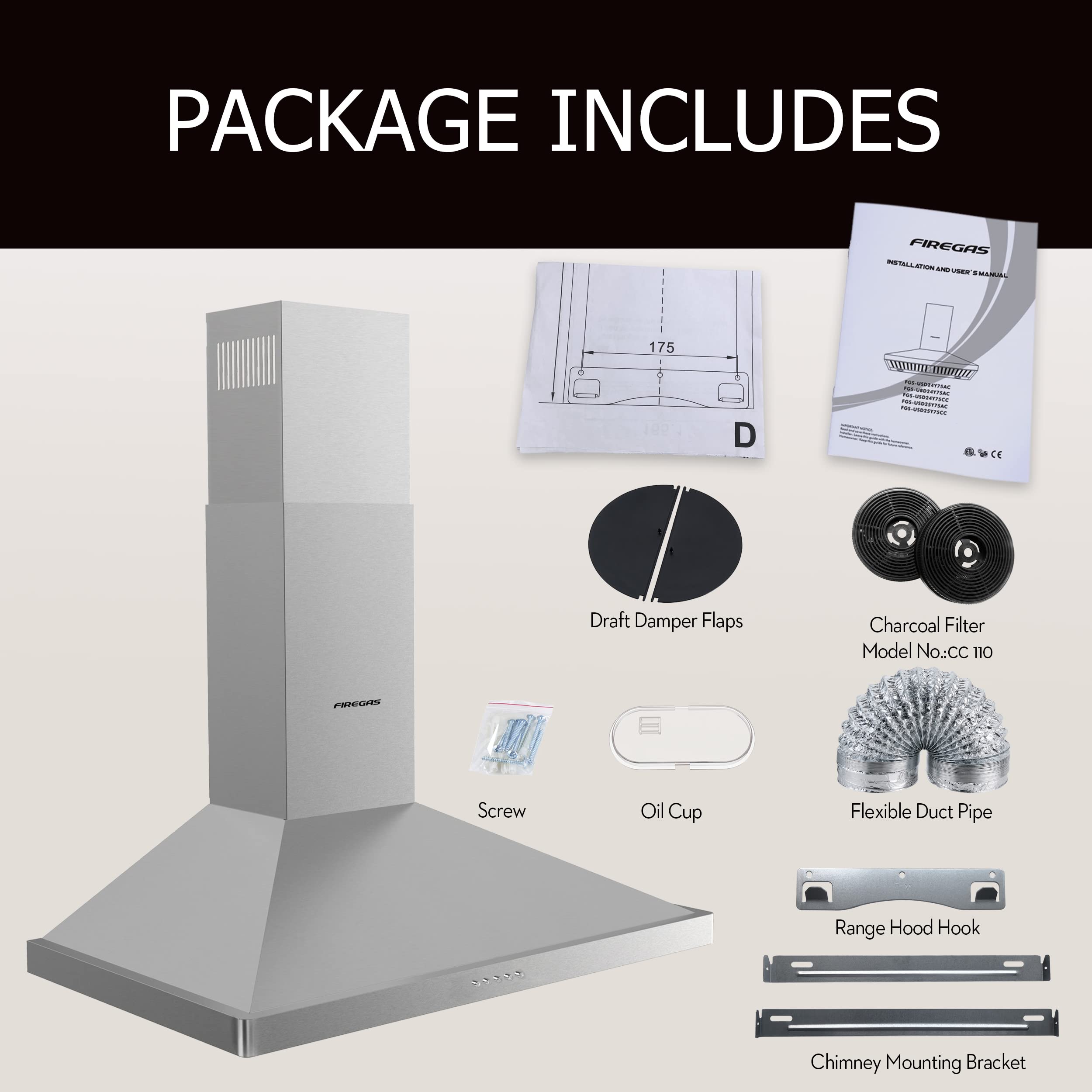 FIREGAS 30-inch Wall Mount Range Hood - 400 CFM Stainless Steel Kitchen Vent Hood with 3-Speed Exhaust Fan | Ducted/Ductless Convertible Design, LED Lights & Push Button Controls | Includes Charcoal Filters - Perfect for Modern Kitchens & Home Renovations