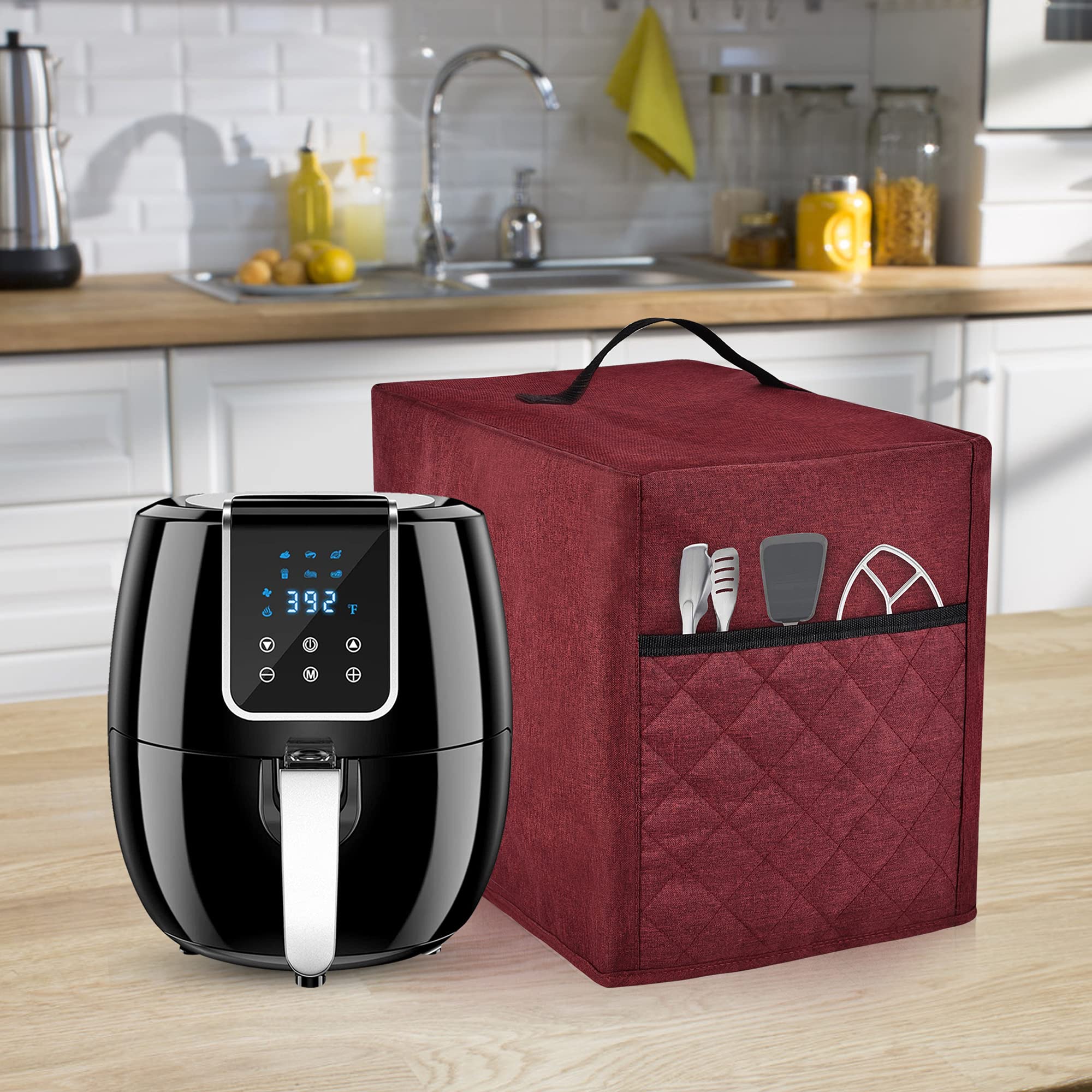 Non-Slip Air Fryer Cover with 2 Accessory Pockets - Waterproof & Easy Clean Dust Protector for 2.8-4.8 Quart Air Fryers (Burgundy) - Perfect for Kitchen Countertop Storage & Small Appliance Protection