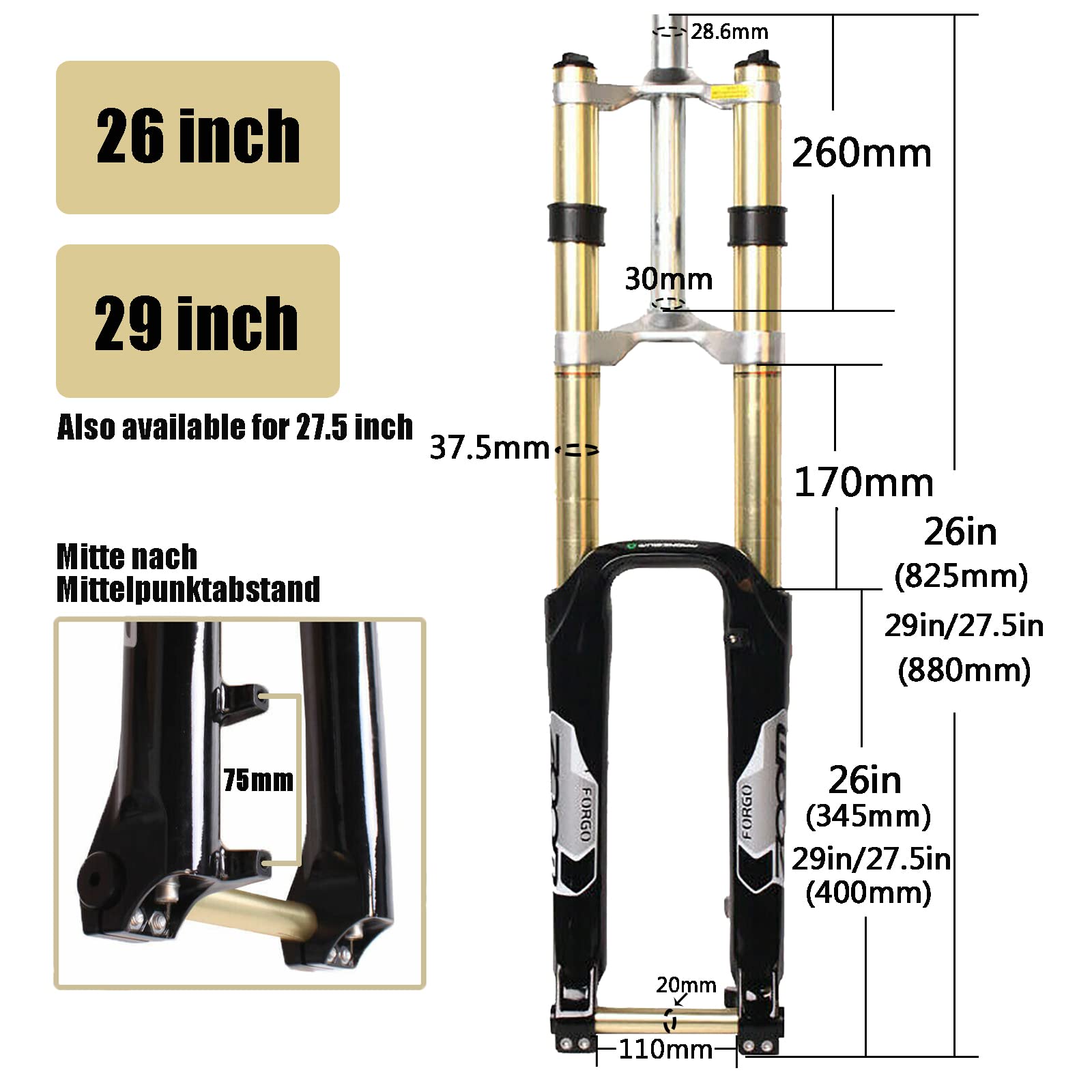 BUCKLOS 26 27.5 29 Inch MTB Bike Suspension Fork - 180mm Travel Magnesium Alloy Downhill Fork with 20mm Axle & 1-1/8