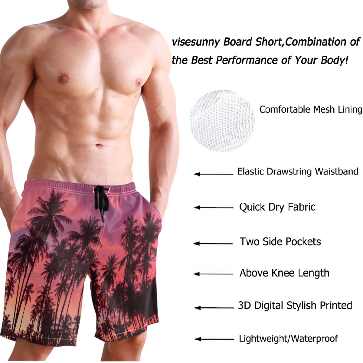 Visesunny Men's Quick Dry Swim Shorts - Lightweight Beach Board Shorts for Swimming, Running & Sports | Perfect for Summer Vacations, Pool Parties & Outdoor Activities