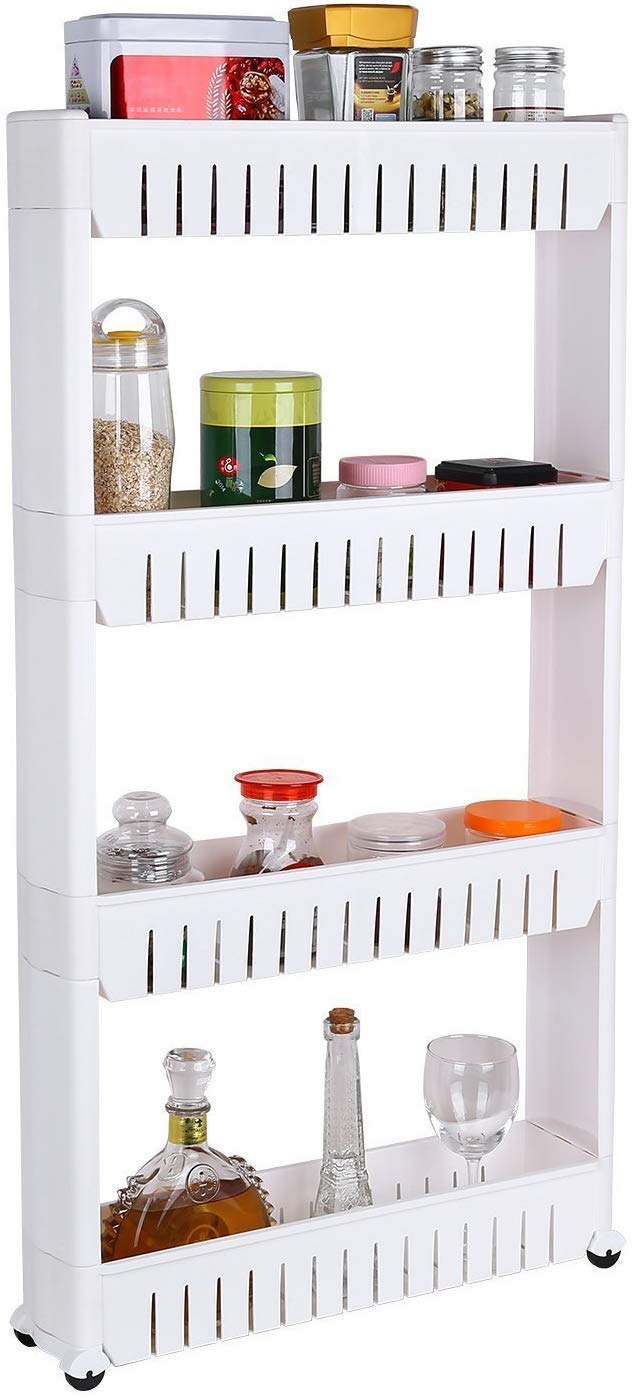 ATOOZED 4-Tier Slim Rolling Storage Organizer - Space Saving Kitchen & Bathroom Shelf with Wheels | Slide-Out Trolley Rack for Pantry, Spice, Toiletries Organization (White) - Perfect for Small Spaces & Clutter-Free Homes