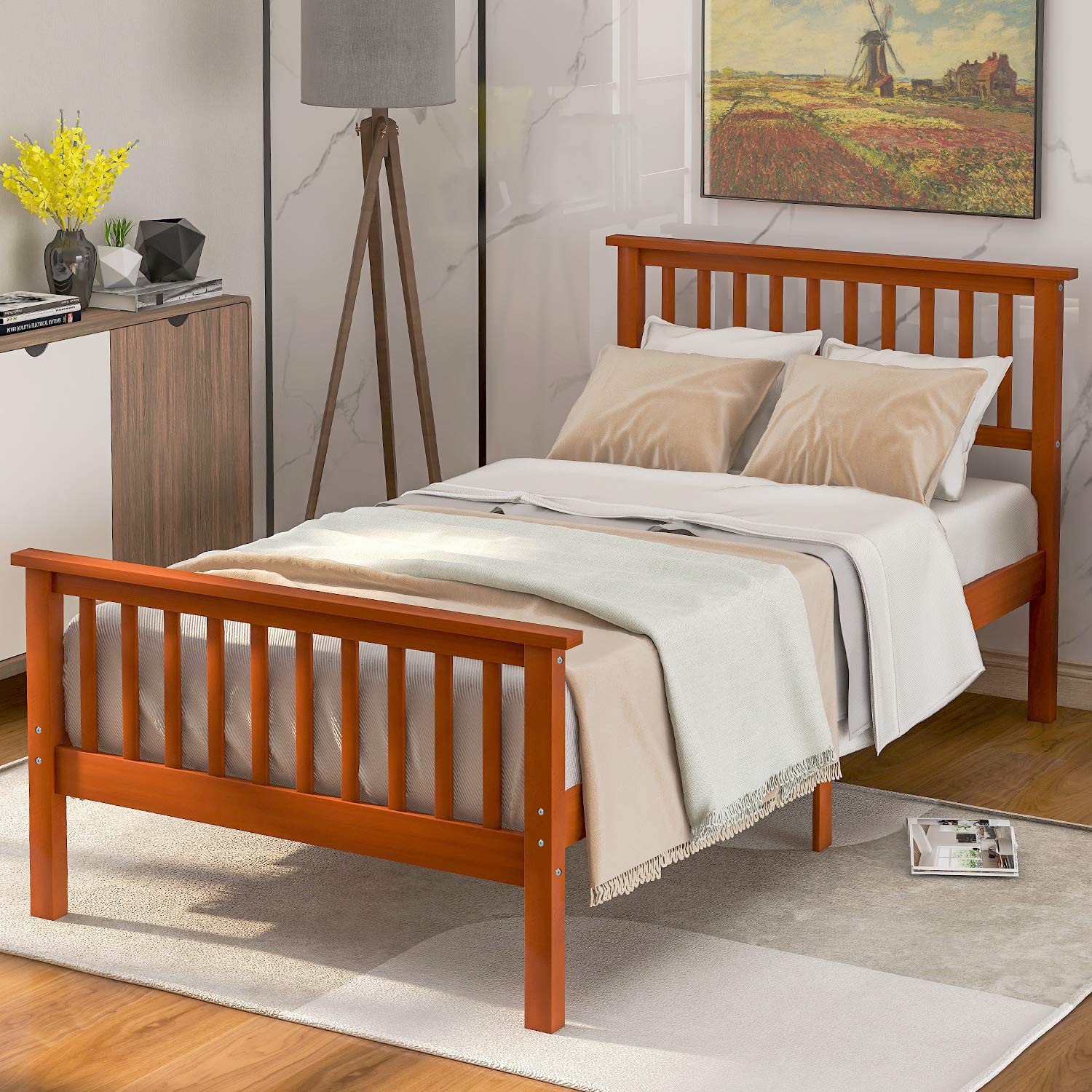 Solid Wood Twin Bed Frame with Headboard & Footboard - Rustic Farmhouse Platform Bed with Reinforced Wood Slat Support - Industrial Square Design in Oak Finish | Perfect for Guest Rooms, Kids' Bedrooms & Small Space Living