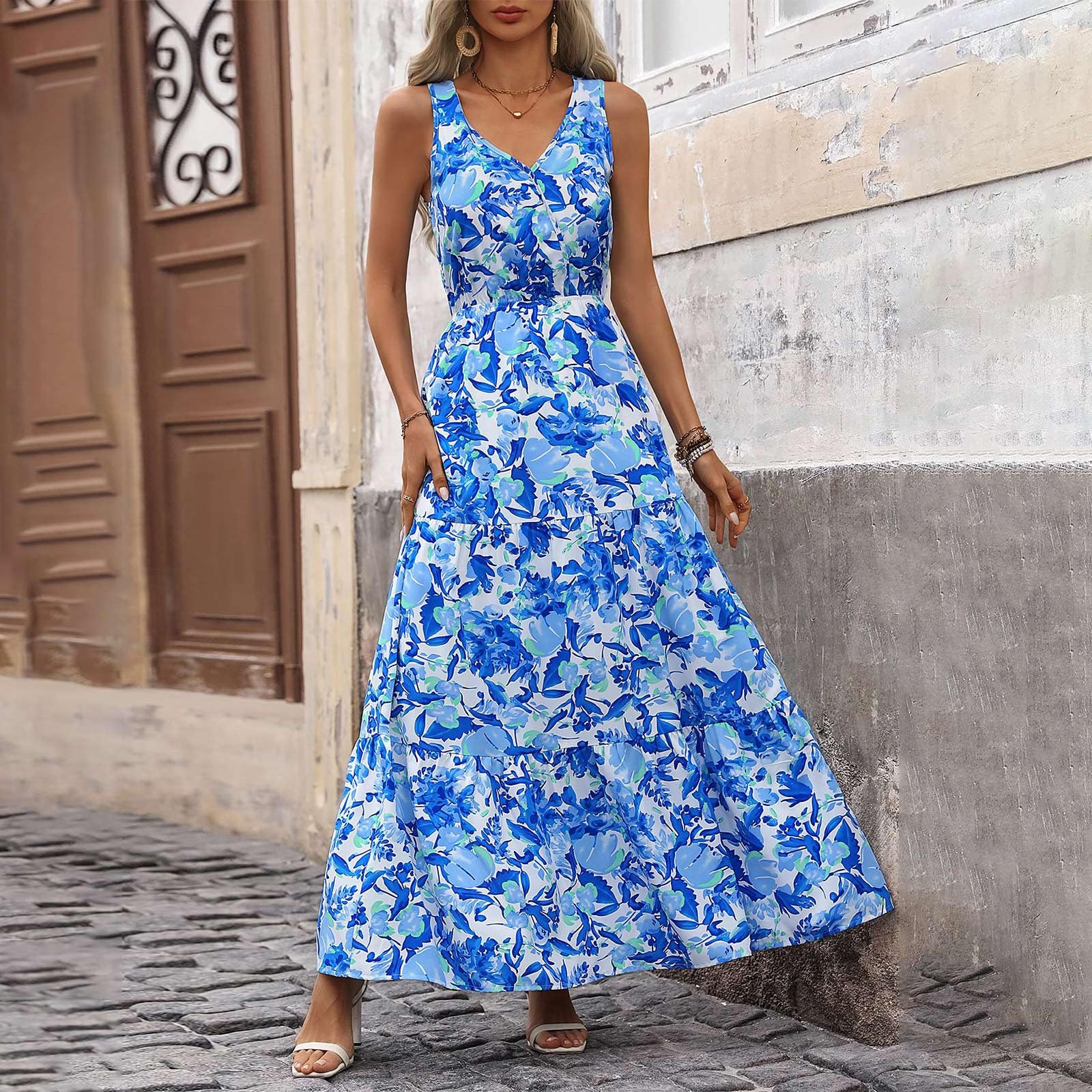 2024 Women's Sleeveless V-Neck Floral Maxi Dress - Casual Loose Flowing Sundress for Beach, Vacation & Summer Outfits | Plus Size Options Available