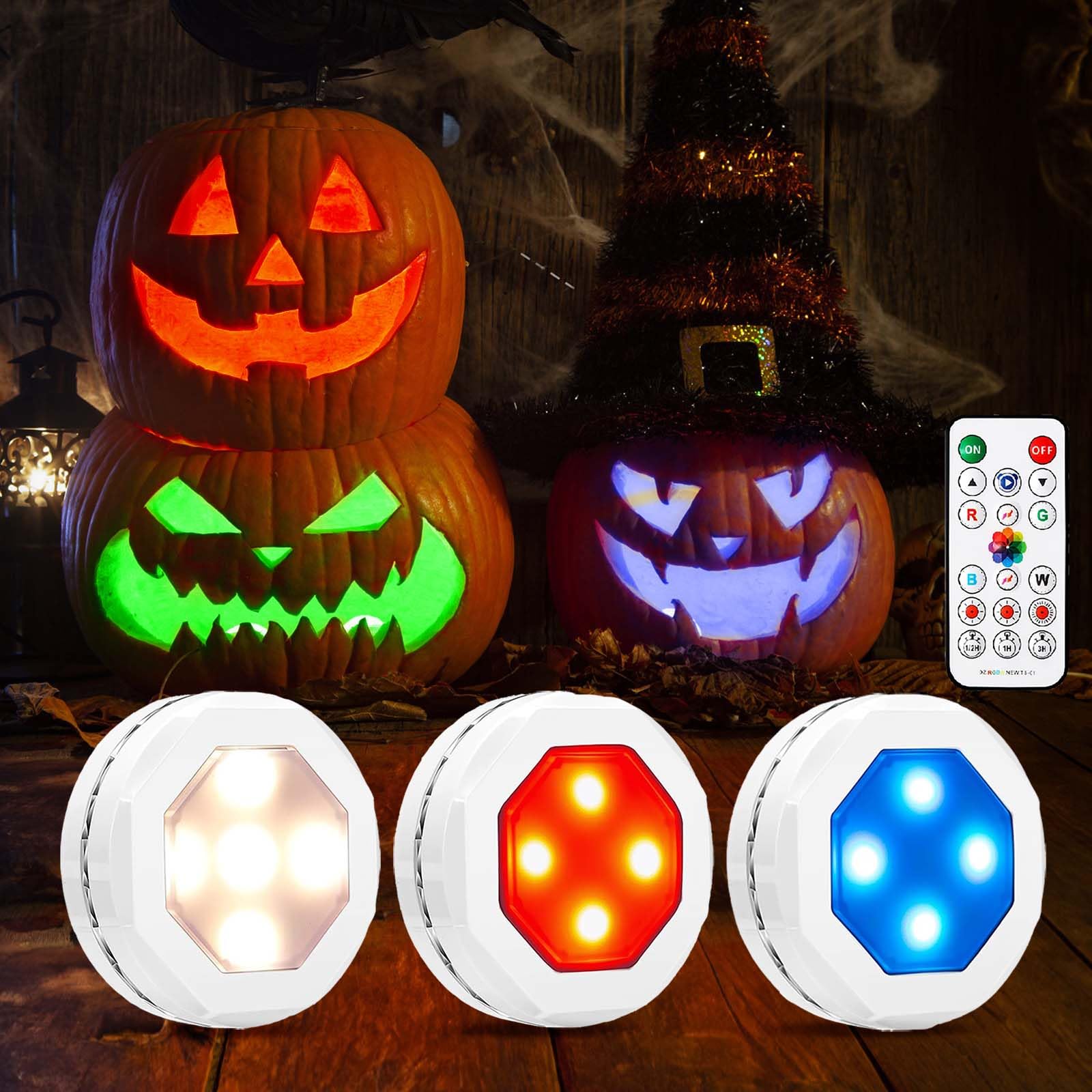 Halloween Pumpkin Lights with Remote Control - RGB Color Changing, Dimmable, Battery Operated Jack-O-Lantern Lights with Timer (3 Pack) - Perfect for Indoor/Outdoor Halloween Decorations, Parties & Pumpkin Carving Displays