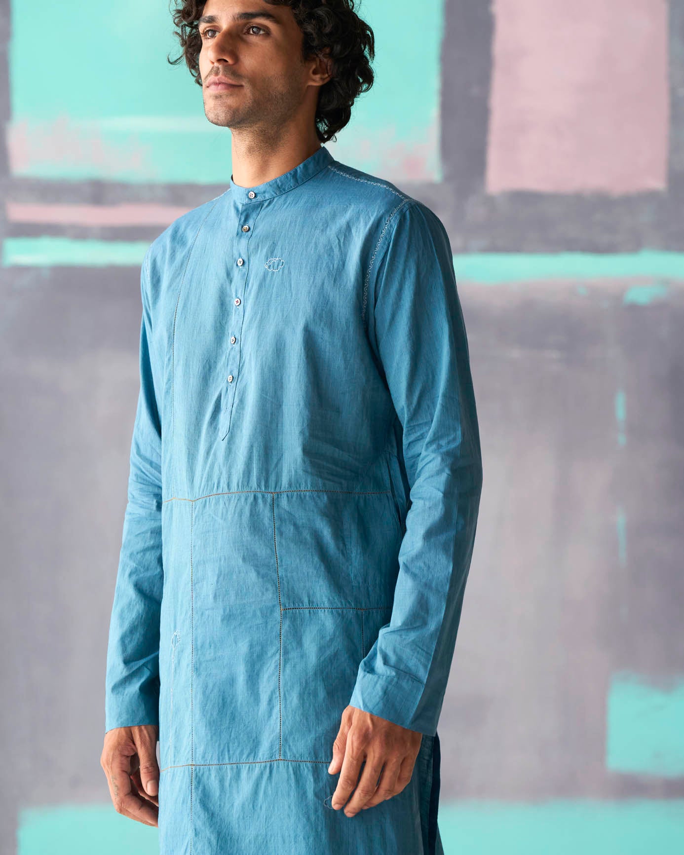 Andaaz Women's Lattice Embroidered Cotton Kurta Top - Dusty Blue Ethnic Tunic for Casual Wear & Festive Occasions