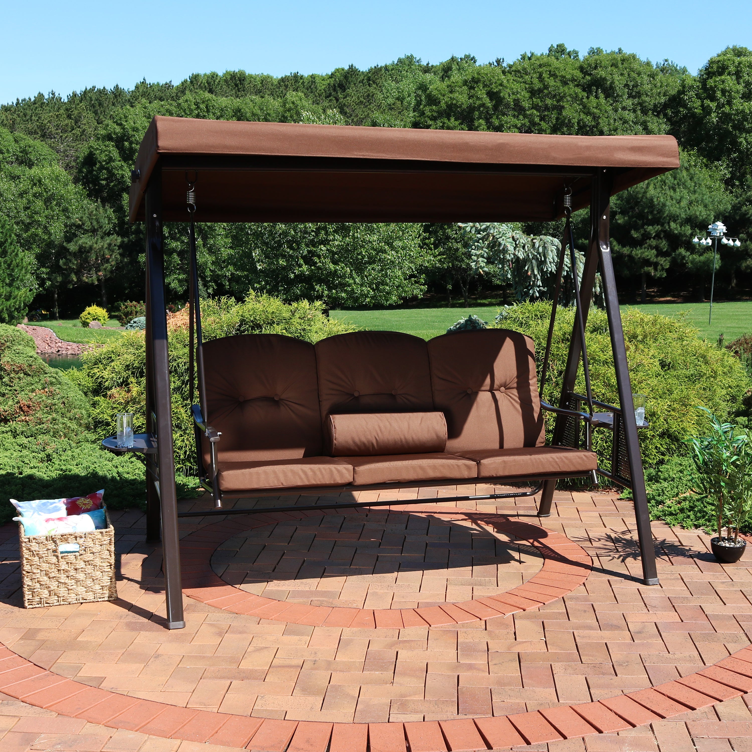 Sunnydaze 3-Person Outdoor Patio Swing with Adjustable Canopy & Comfortable Cushions - Perfect for Backyard, Garden, and Porch Relaxation